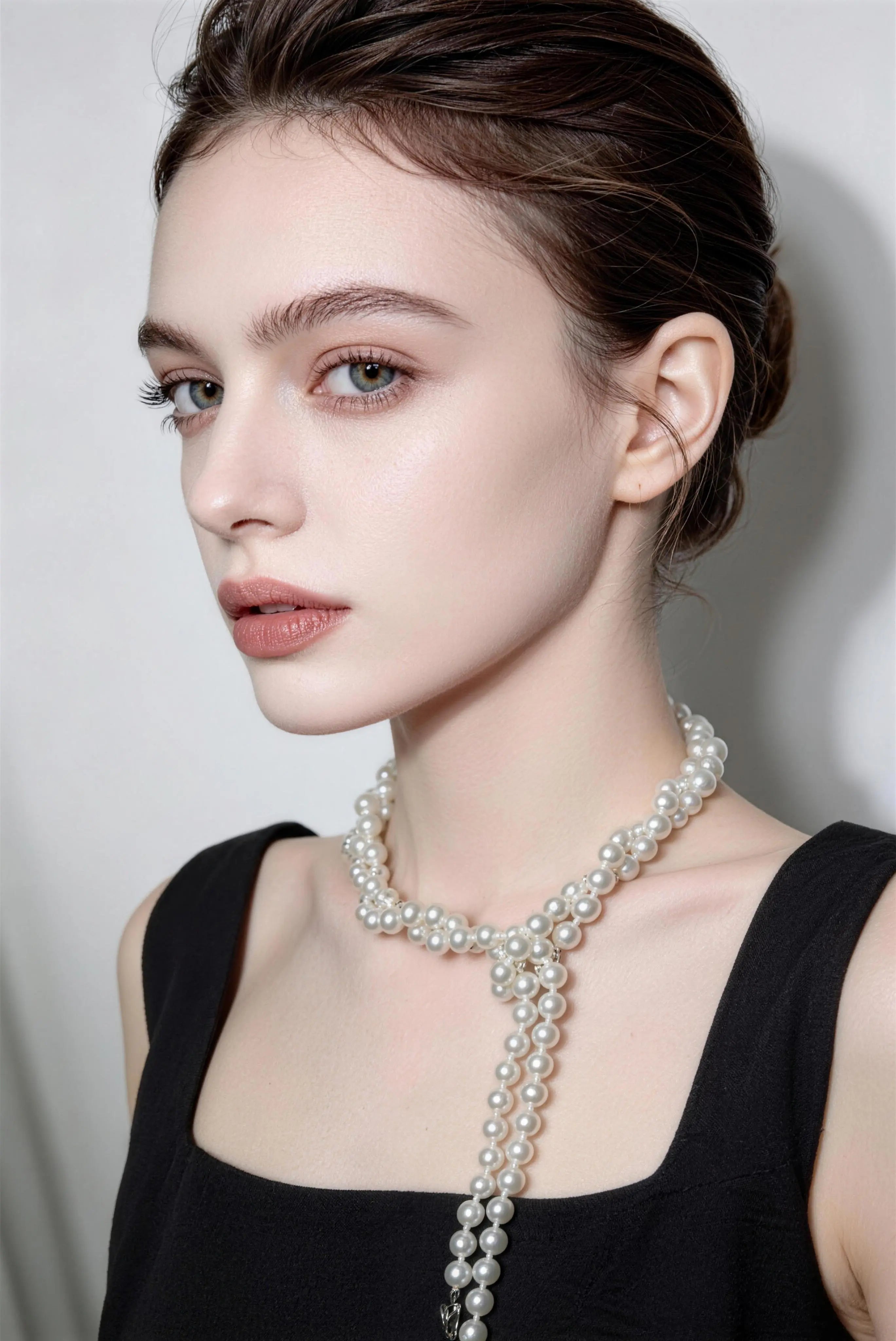 Model wearing white multi-layer pearl necklace - long vintage french style pearl chain for women