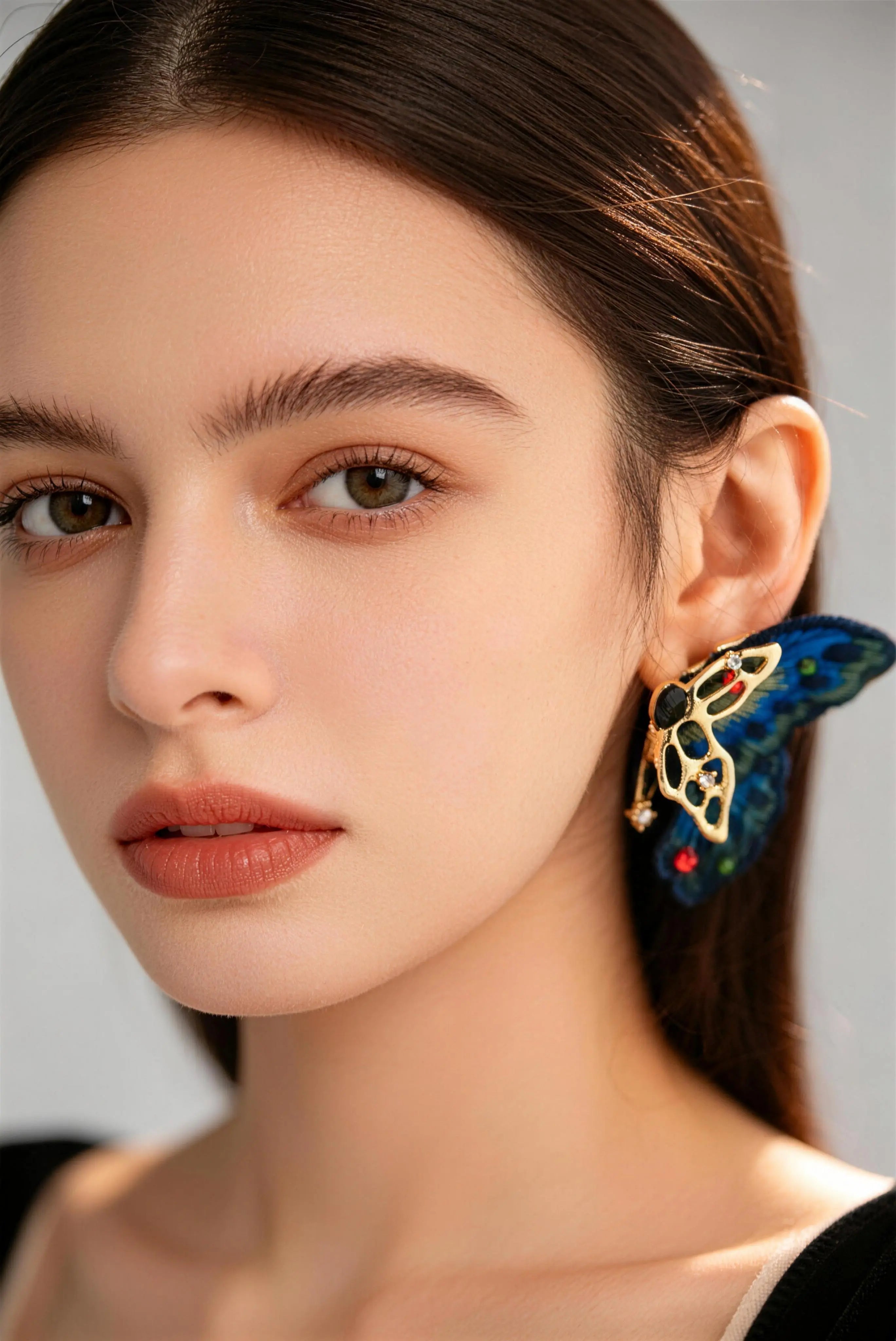Vintage Blue Butterfly Embroidered Crystal Earrings