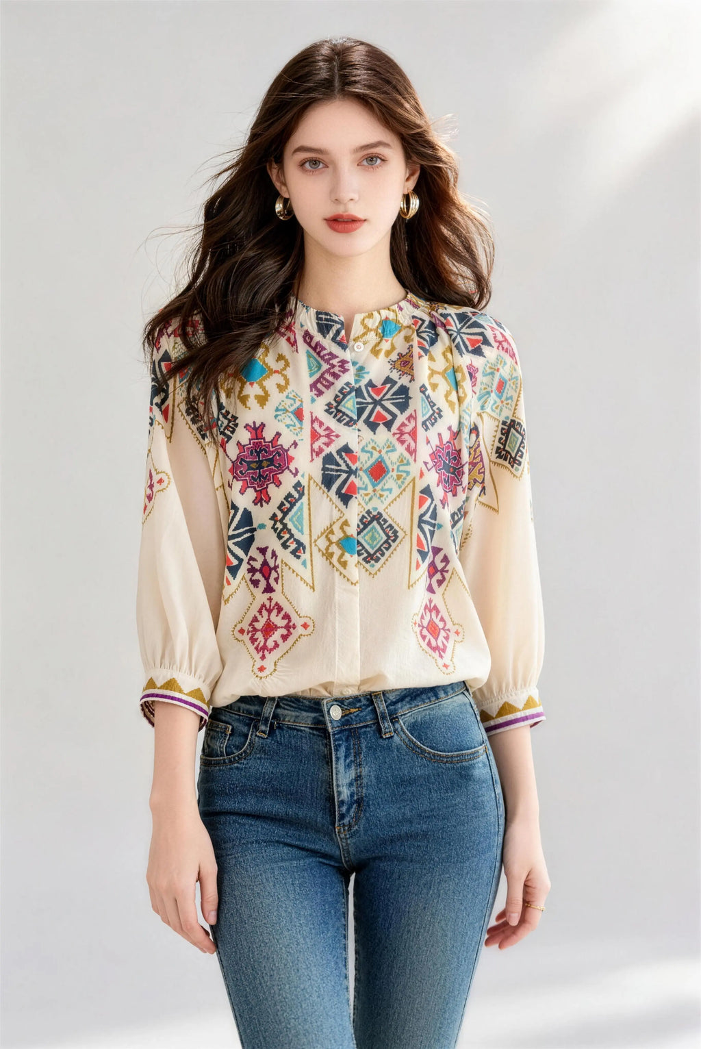 Bohemian Geometric Print Three-Quarter Sleeve Blouse