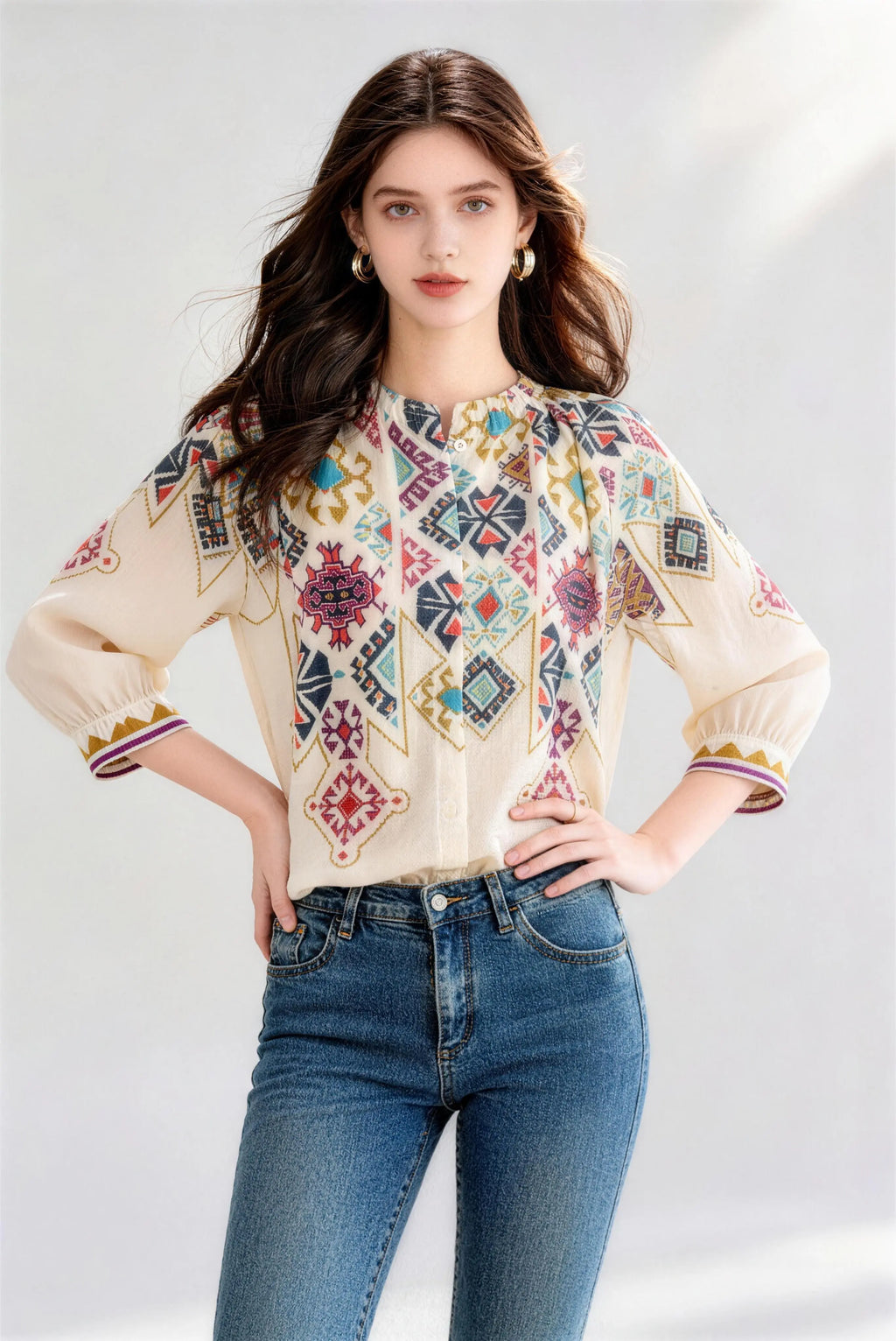 Bohemian Geometric Print Three-Quarter Sleeve Blouse