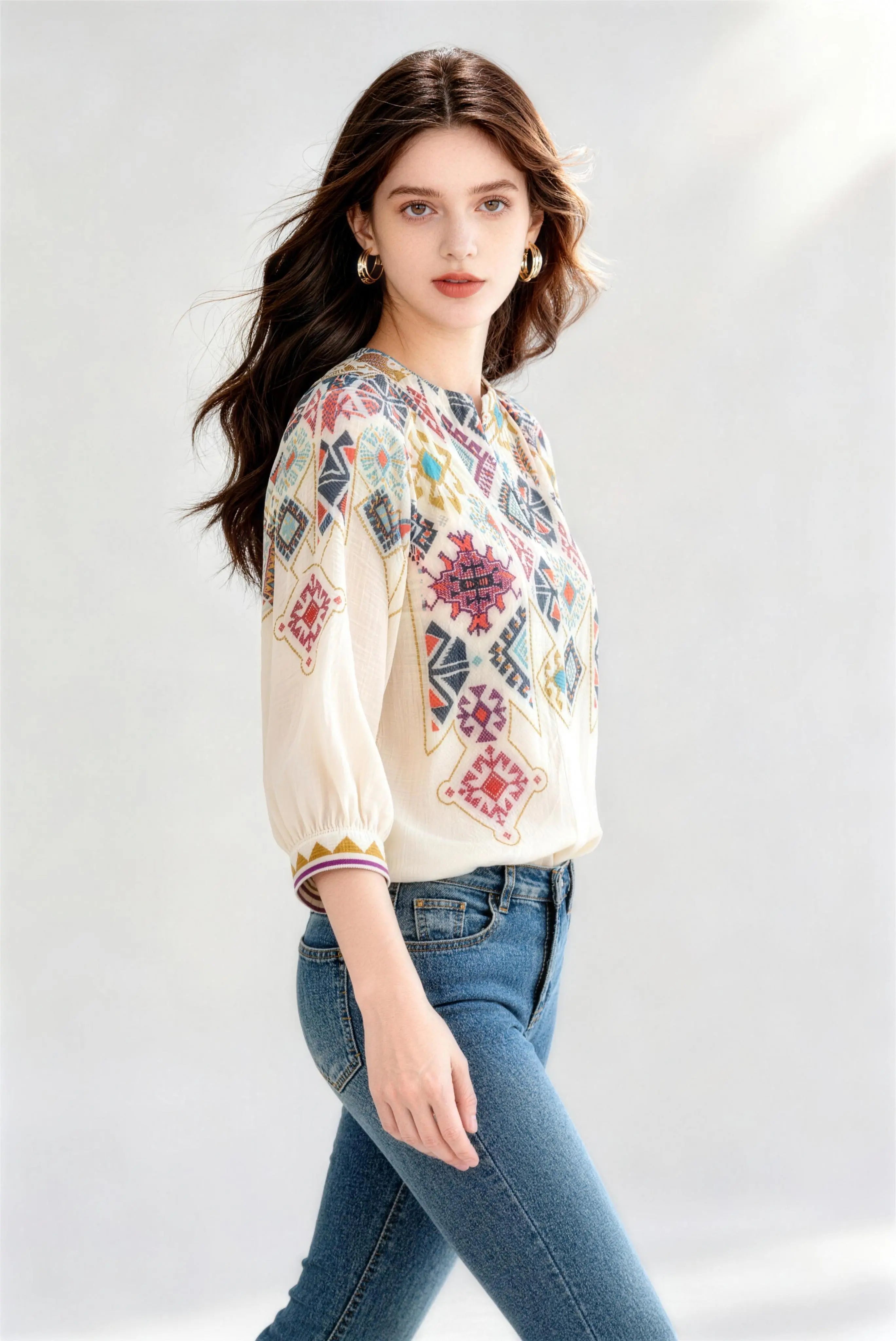 Bohemian Geometric Print Three-Quarter Sleeve Blouse