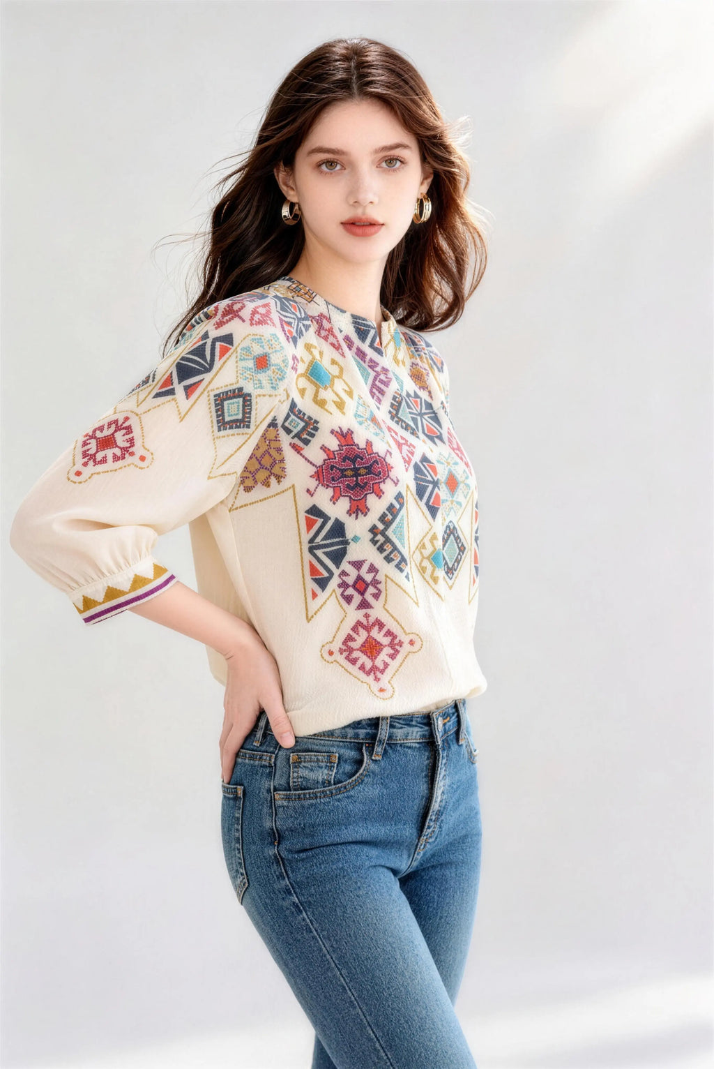 Bohemian Geometric Print Three-Quarter Sleeve Blouse