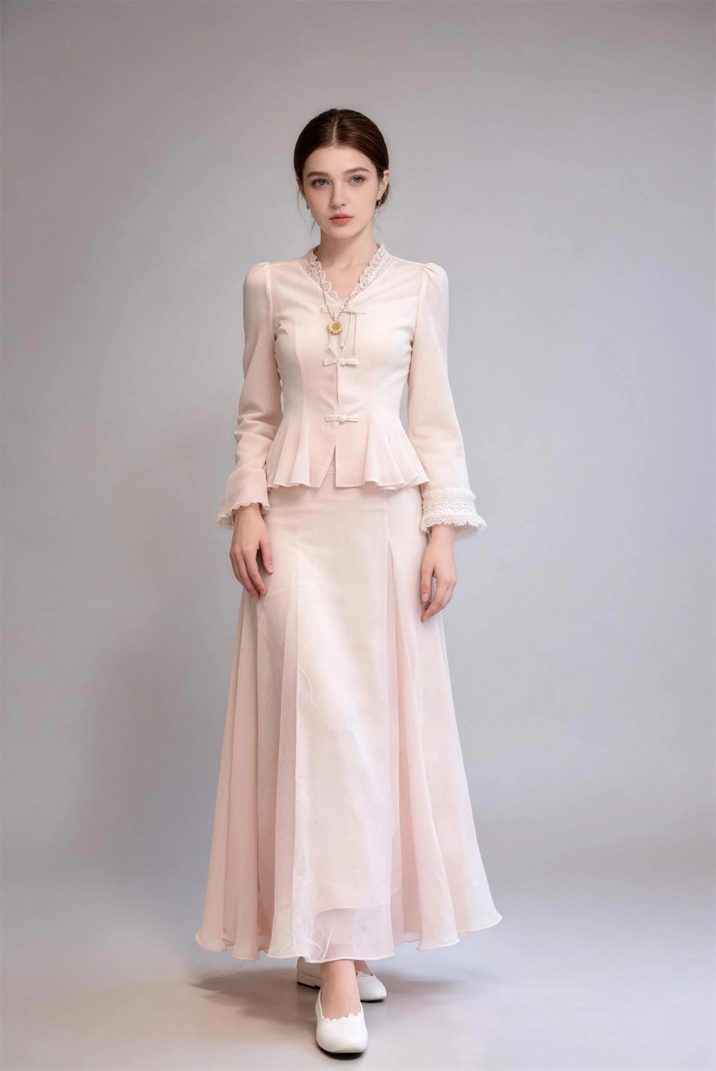 New Chinese Style Soft Pink Lace Two-Piece Set