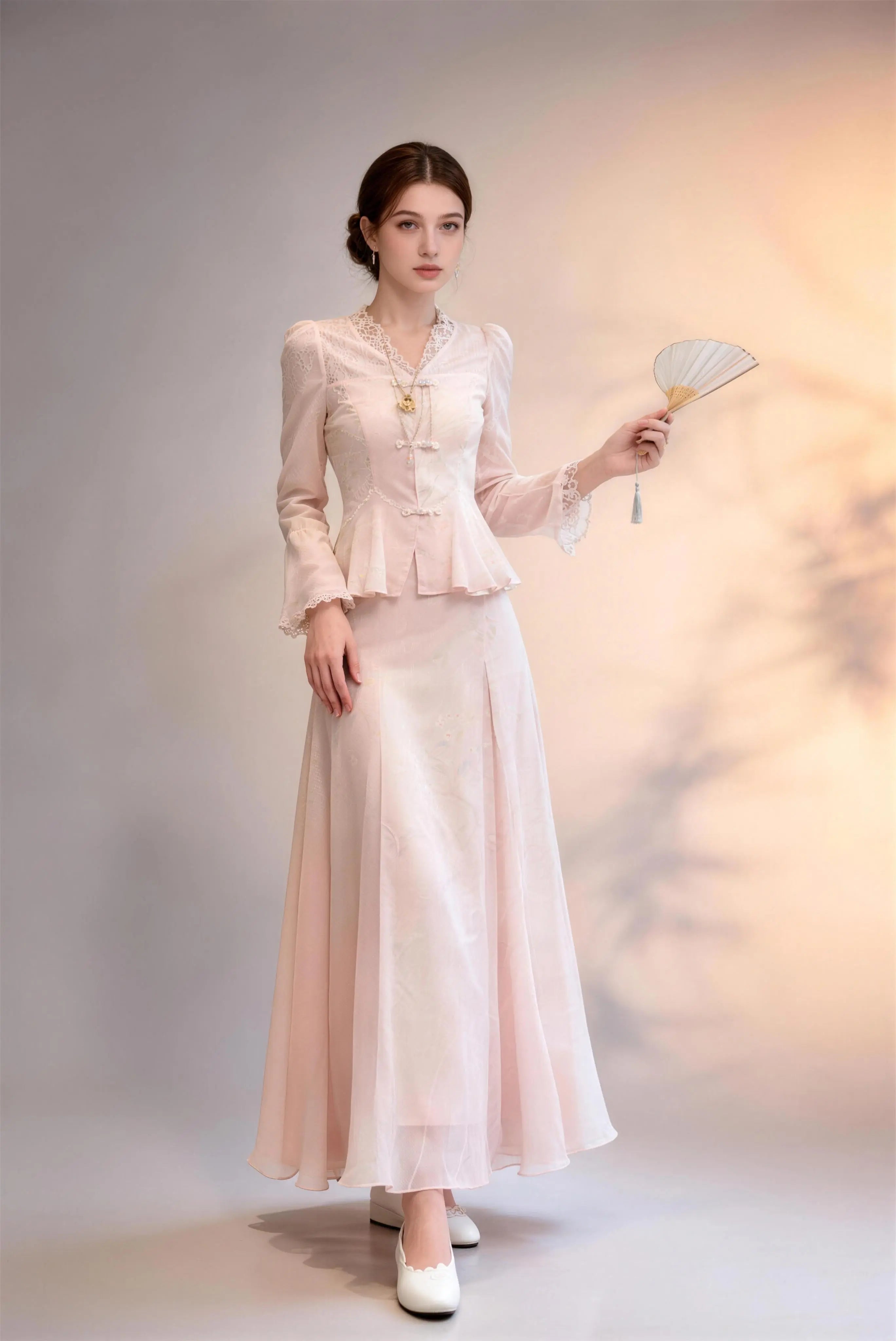 New Chinese Style Soft Pink Lace Two-Piece Set