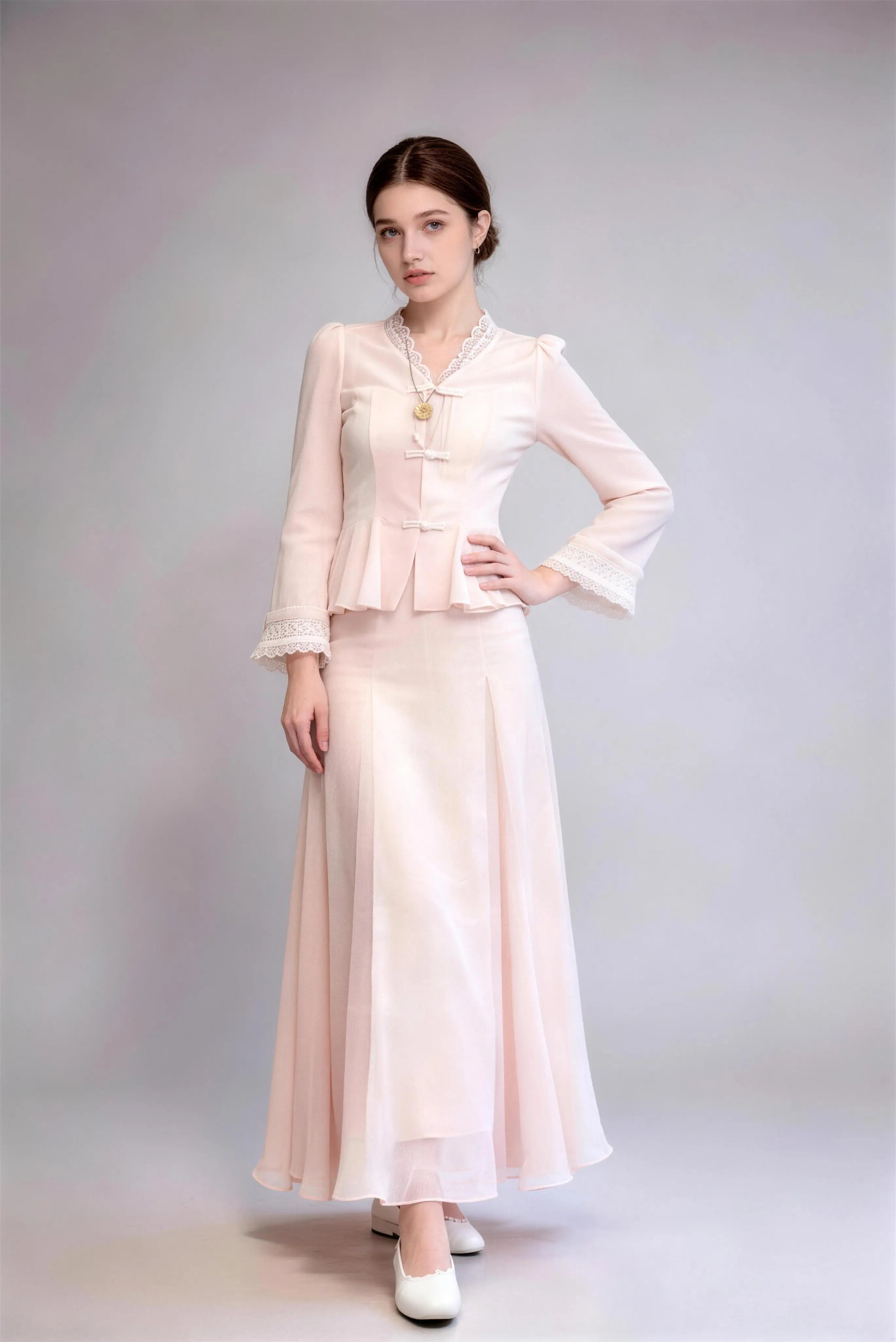 New Chinese Style Soft Pink Lace Two-Piece Set