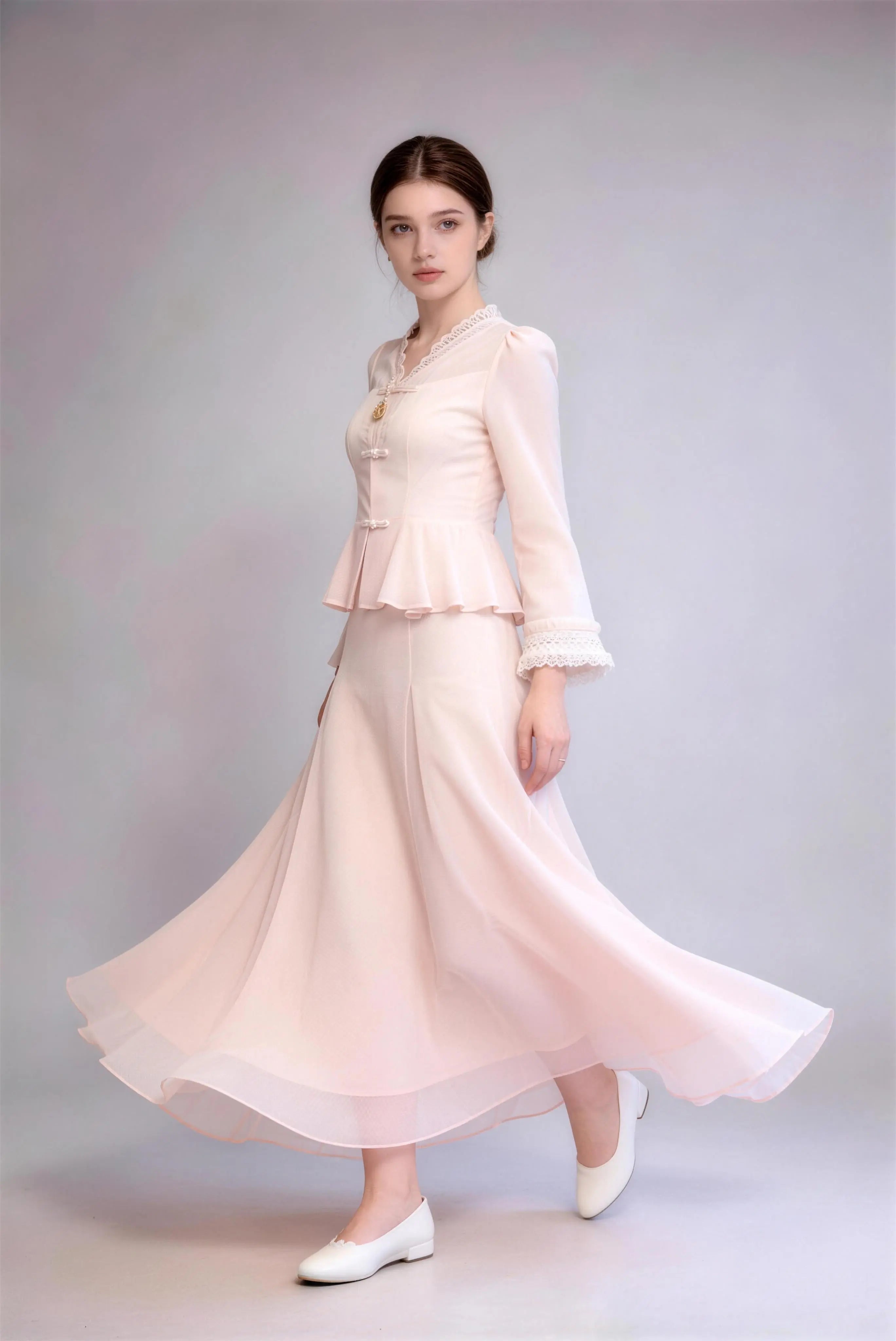 New Chinese Style Soft Pink Lace Two-Piece Set