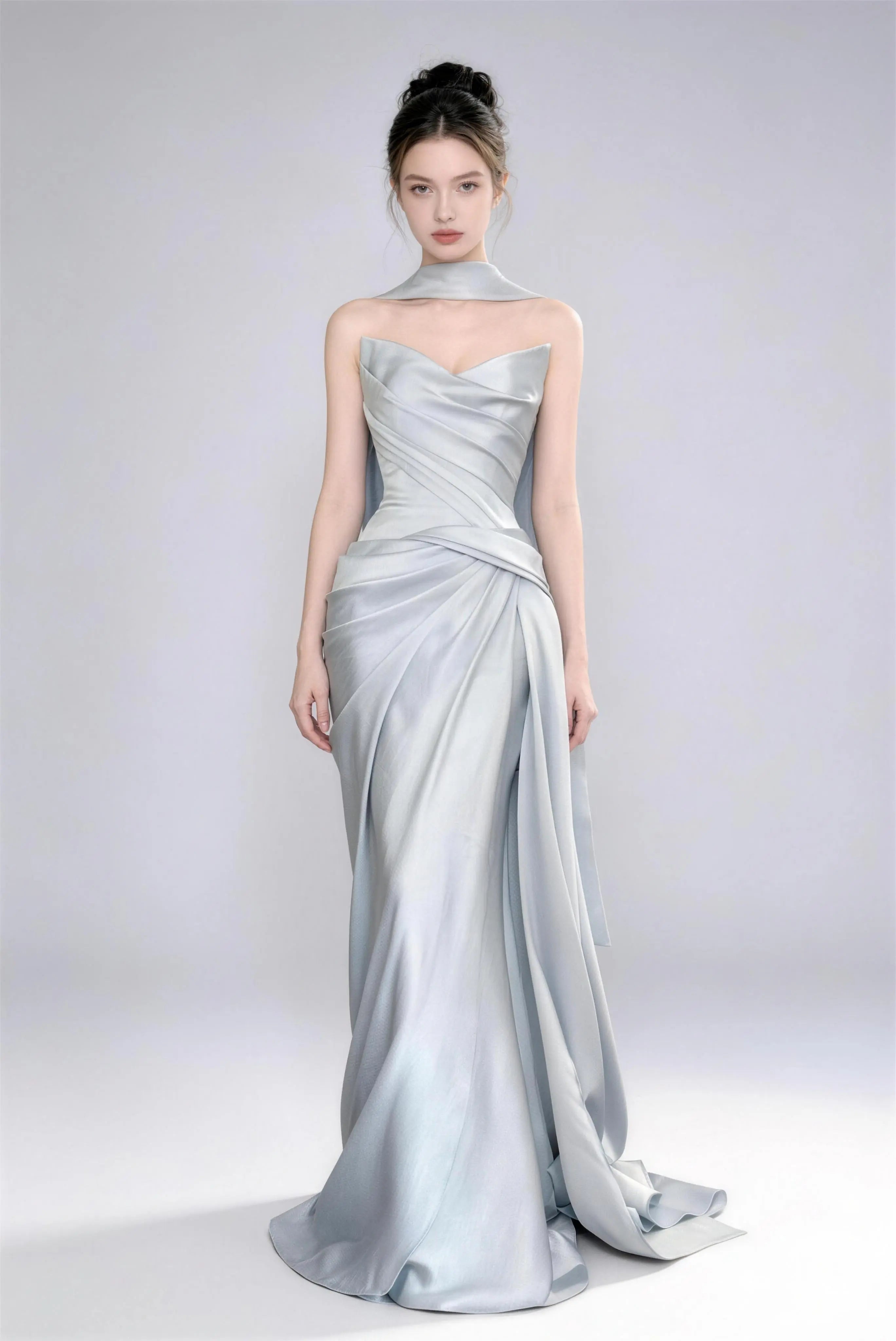Elegant ice blue satin mermaid dress with halter neck design, modern new Chinese style evening gown from brand Phoehua, showcasing smooth fabric drape and delicate tailoring.