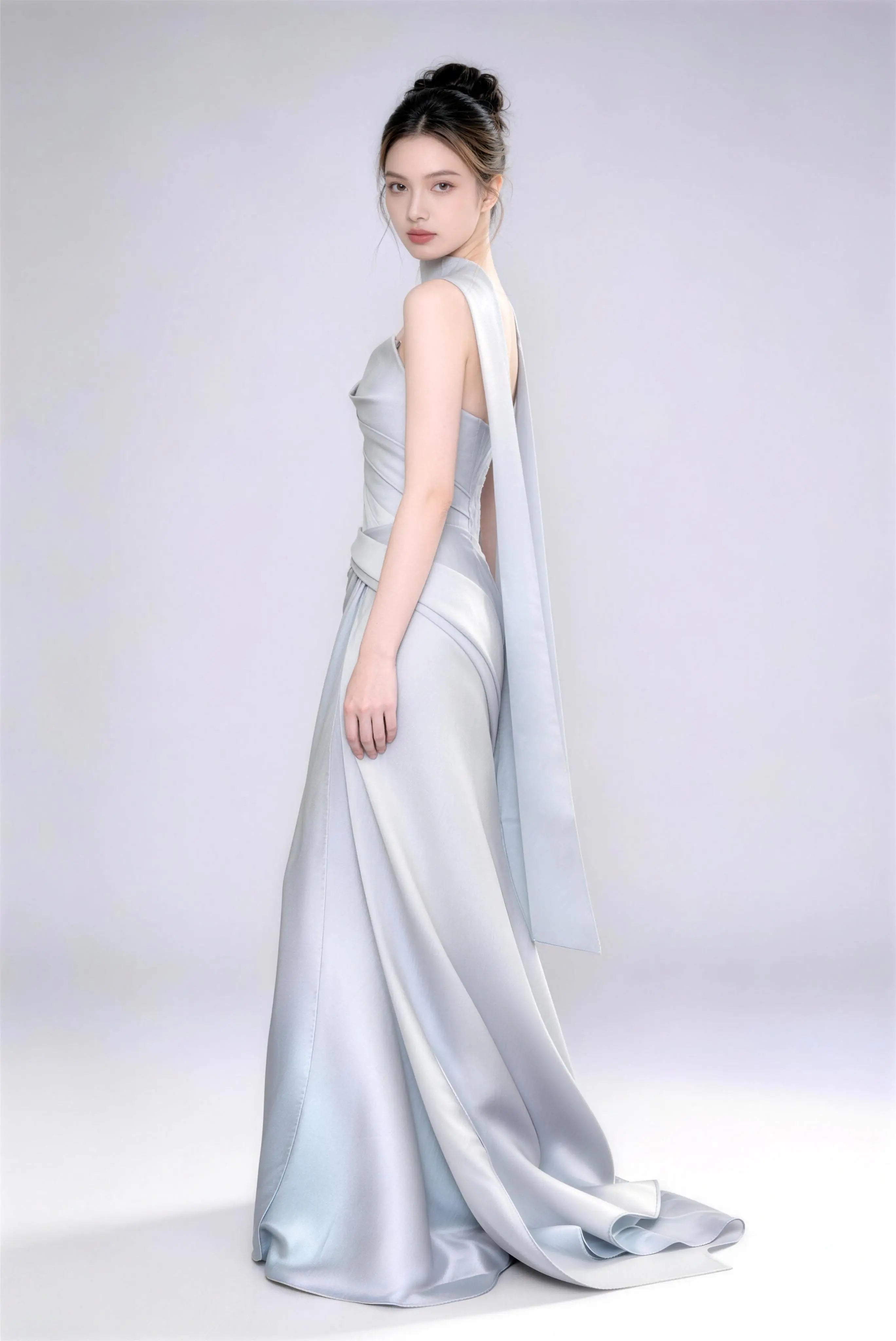 Phoehua new Chinese style ice blue satin formal dress, halter neck with flowing sash, fitted waist and elegant train, perfect for wedding party and formal events.
