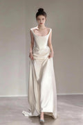 Sleeveless U-Neck Satin Maxi Dress with Small Train
