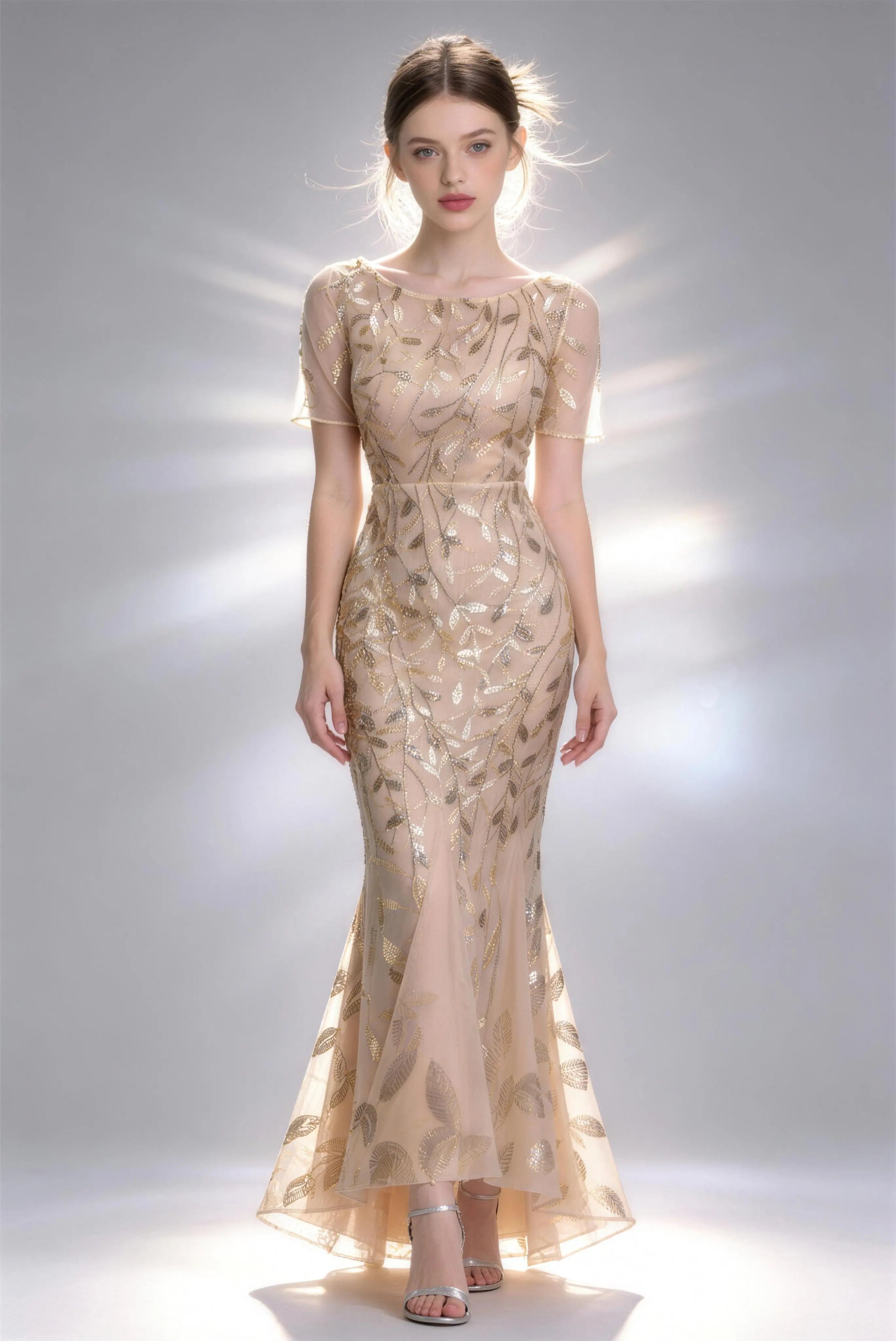 Elegant Champagne Leaf Sequin Mermaid Evening Gown, Phoehua Front View Formal Maxi Dress for Weddings