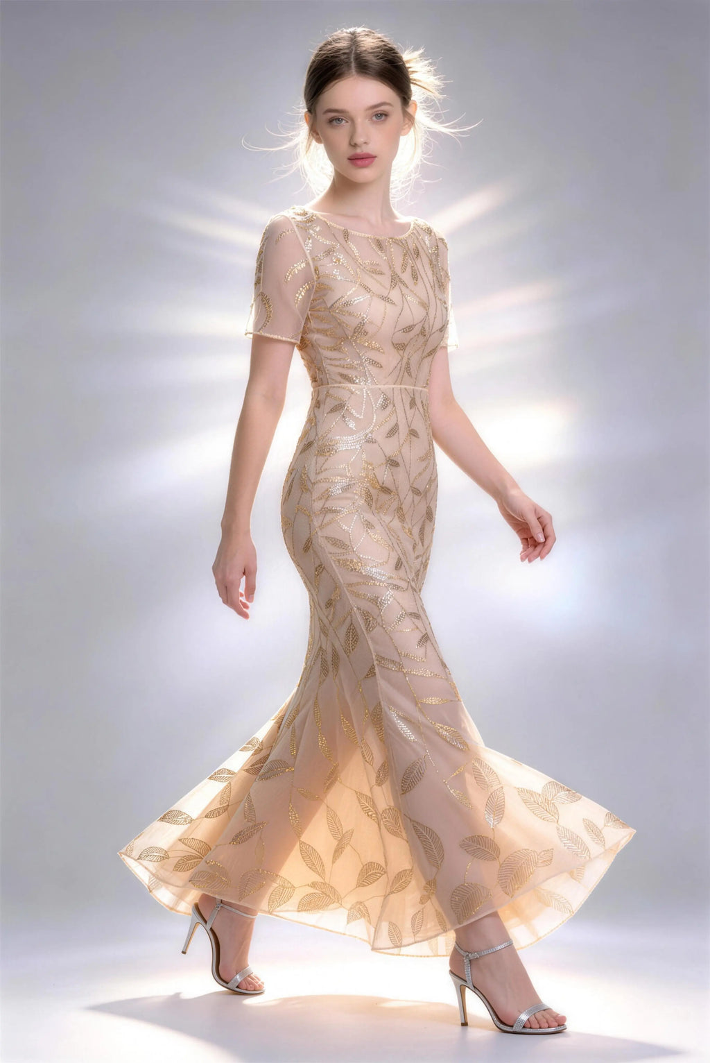Flowy High Low Hem Mermaid Evening Dress, Phoehua Walking Pose Gold Leaf Embroidered Gown