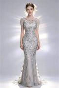 Phoehua Elegant Silver Leaf Sequin Mermaid Dress, Grey Formal Evening Gown for Prom & Galas