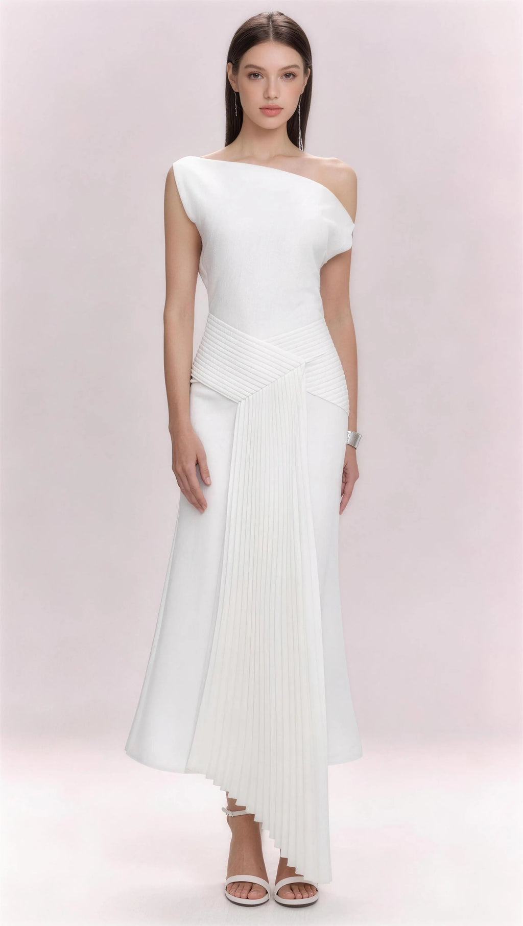 Pheohua Elegant White One Shoulder Pleated Asymmetrical Midi Dress, Front View Formal Cocktail Dress