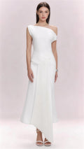Pheohua Elegant White One Shoulder Pleated Asymmetrical Midi Dress, Front View Formal Cocktail Dress