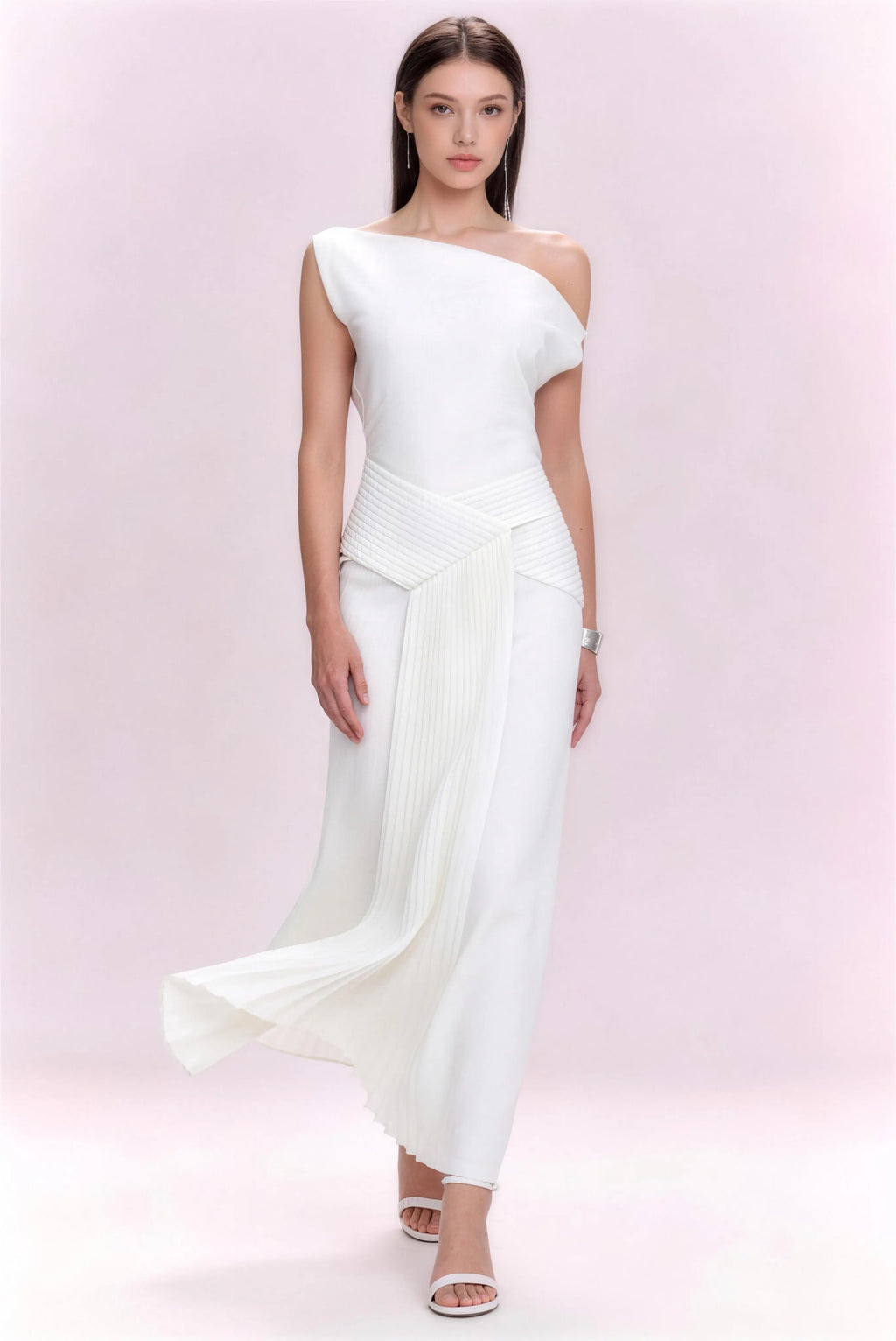 Pheohua Elegant White One Shoulder Pleated Asymmetrical Midi Dress, Front View Formal Cocktail Dress