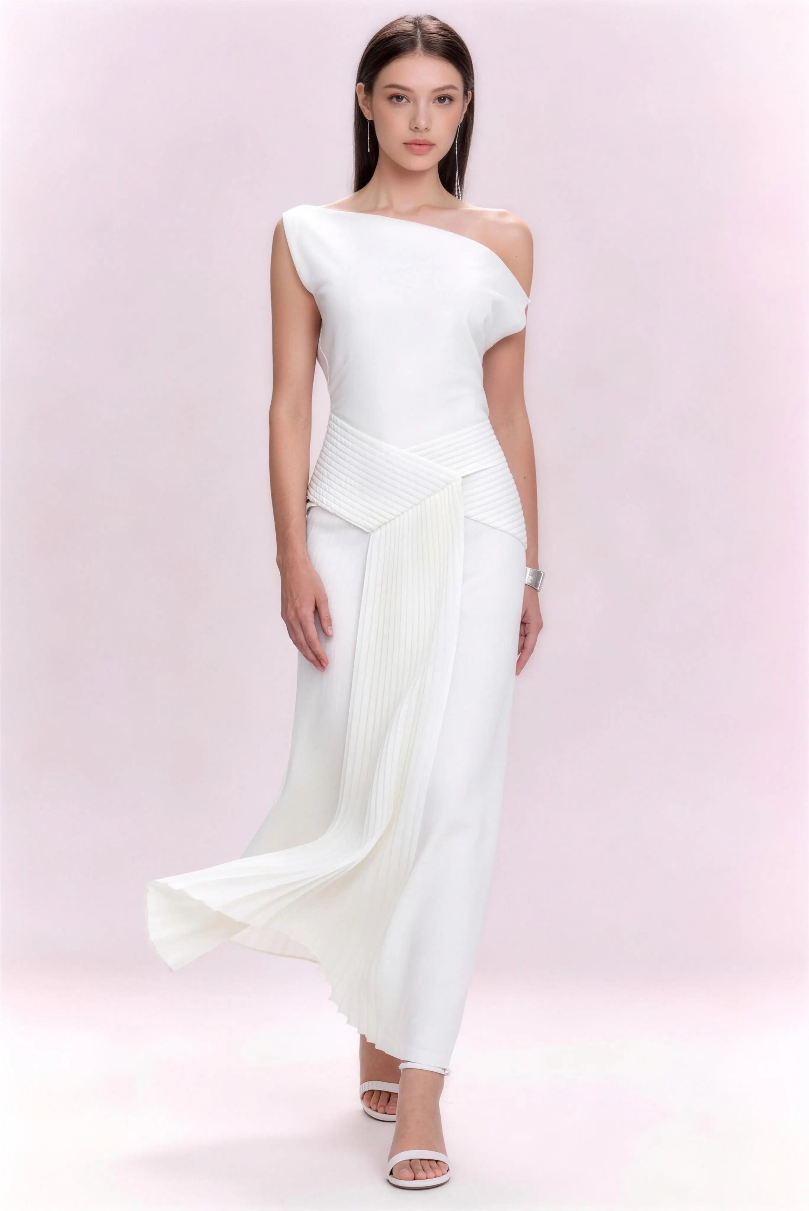 Pheohua Elegant White One Shoulder Pleated Asymmetrical Midi Dress, Front View Formal Cocktail Dress