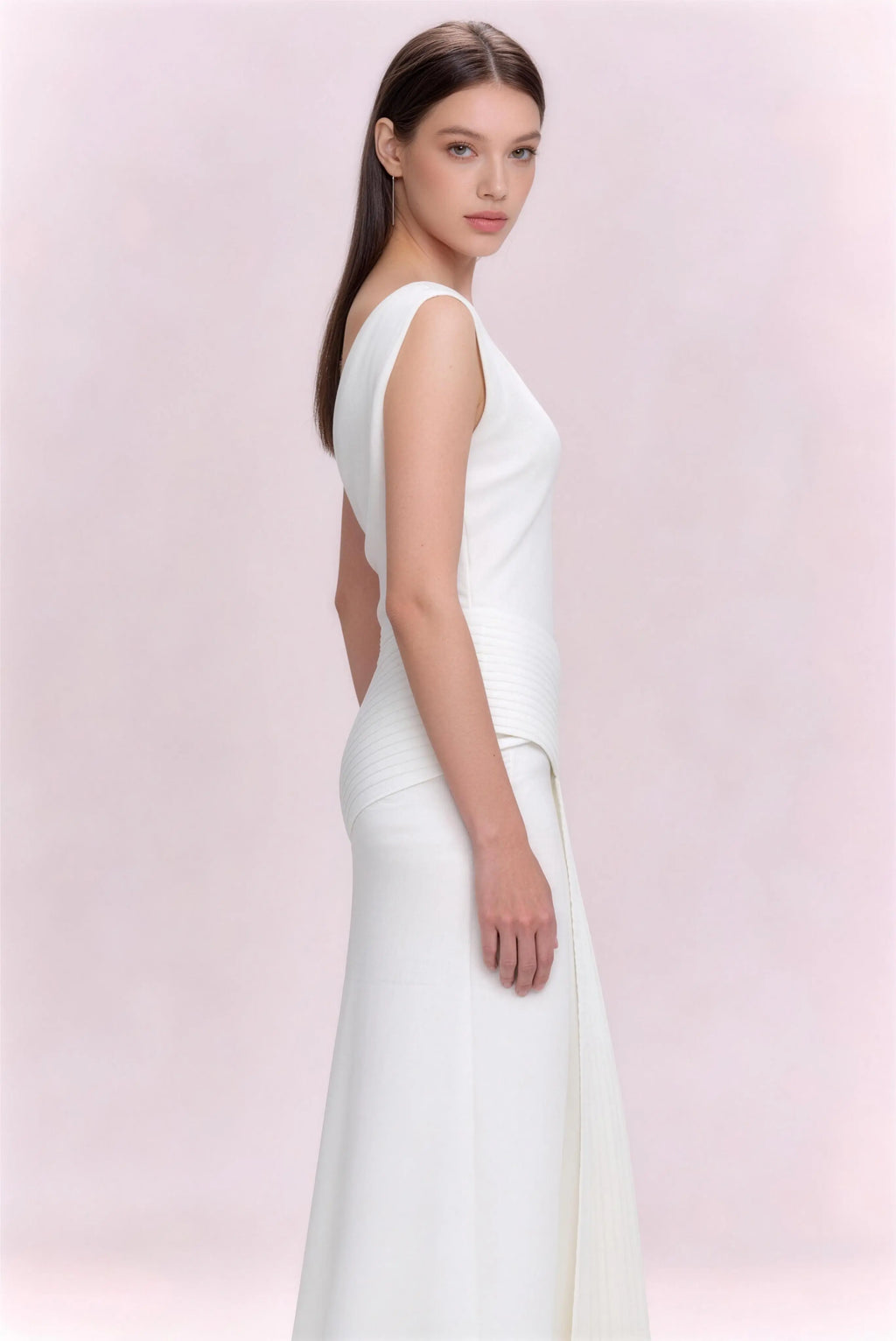 Pheohua Elegant White One Shoulder Pleated Asymmetrical Midi Dress, Front View Formal Cocktail Dress