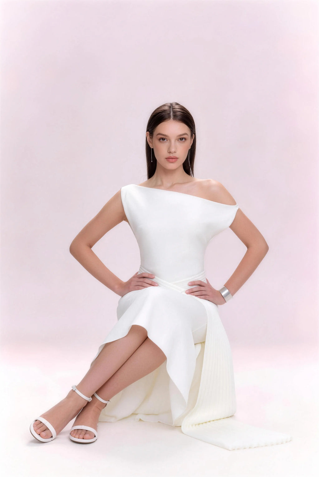 Pheohua Elegant White One Shoulder Pleated Asymmetrical Midi Dress, Front View Formal Cocktail Dress