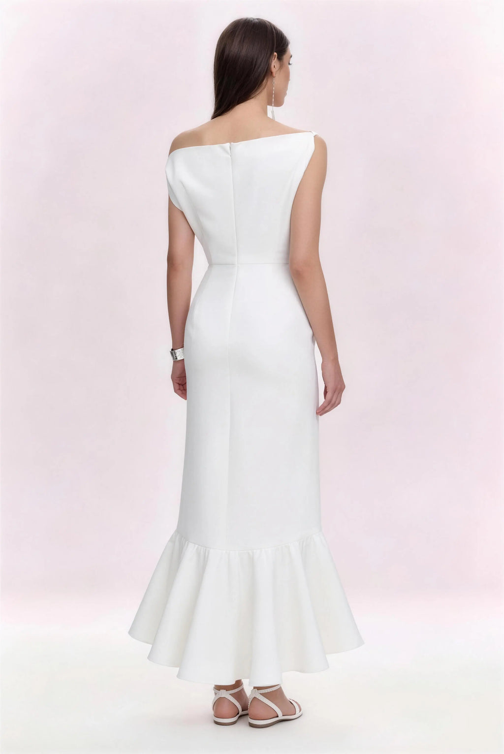 Phoehua Chic High Waist Ruffle Hem Midi Dress, Back View Sleeveless Formal Evening Gown