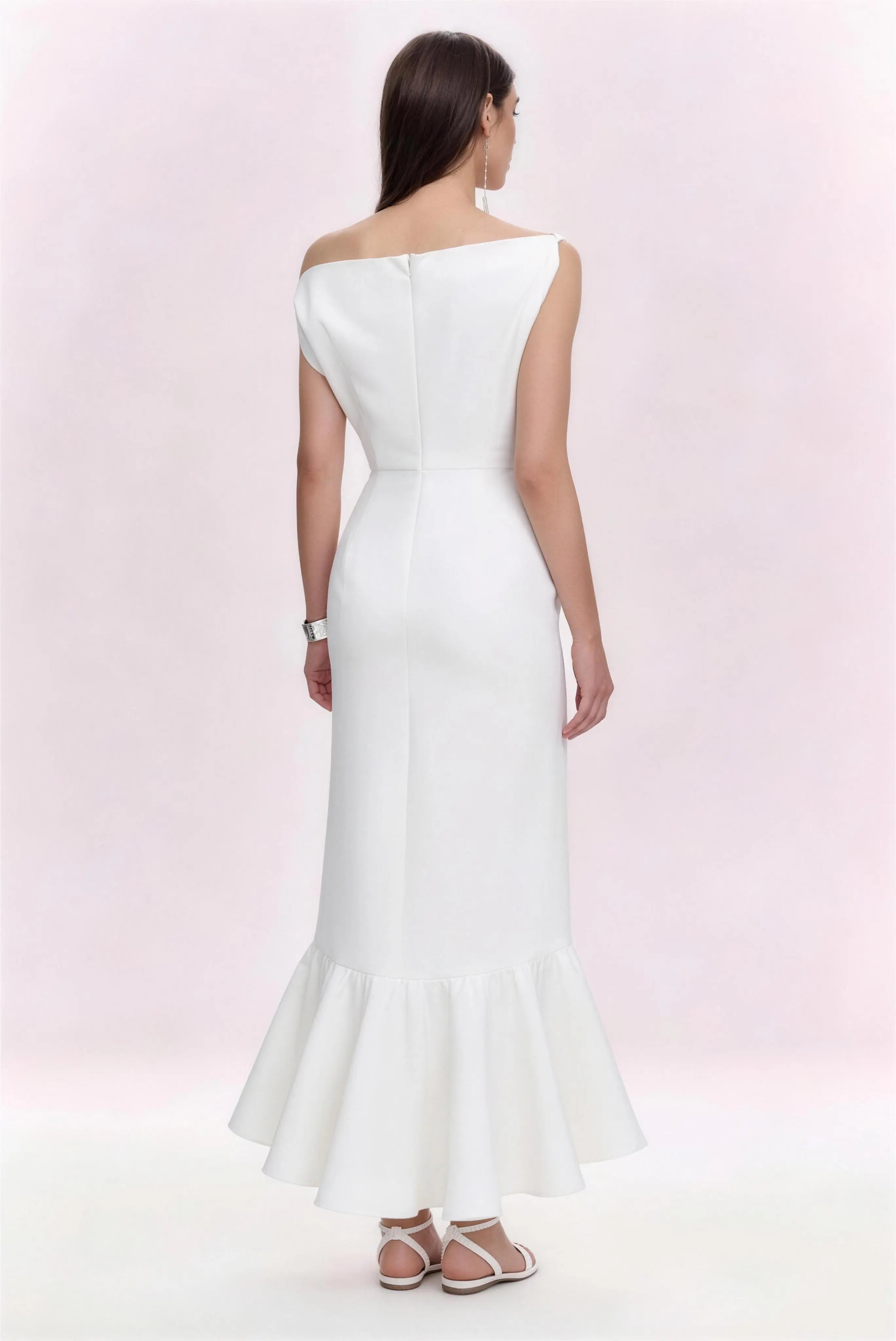 Phoehua Chic High Waist Ruffle Hem Midi Dress, Back View Sleeveless Formal Evening Gown