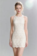 Phoehua Elegant Almond Milk White Sleeveless Lace Bodycon Mini Dress, Front View Casual Cocktail Dress