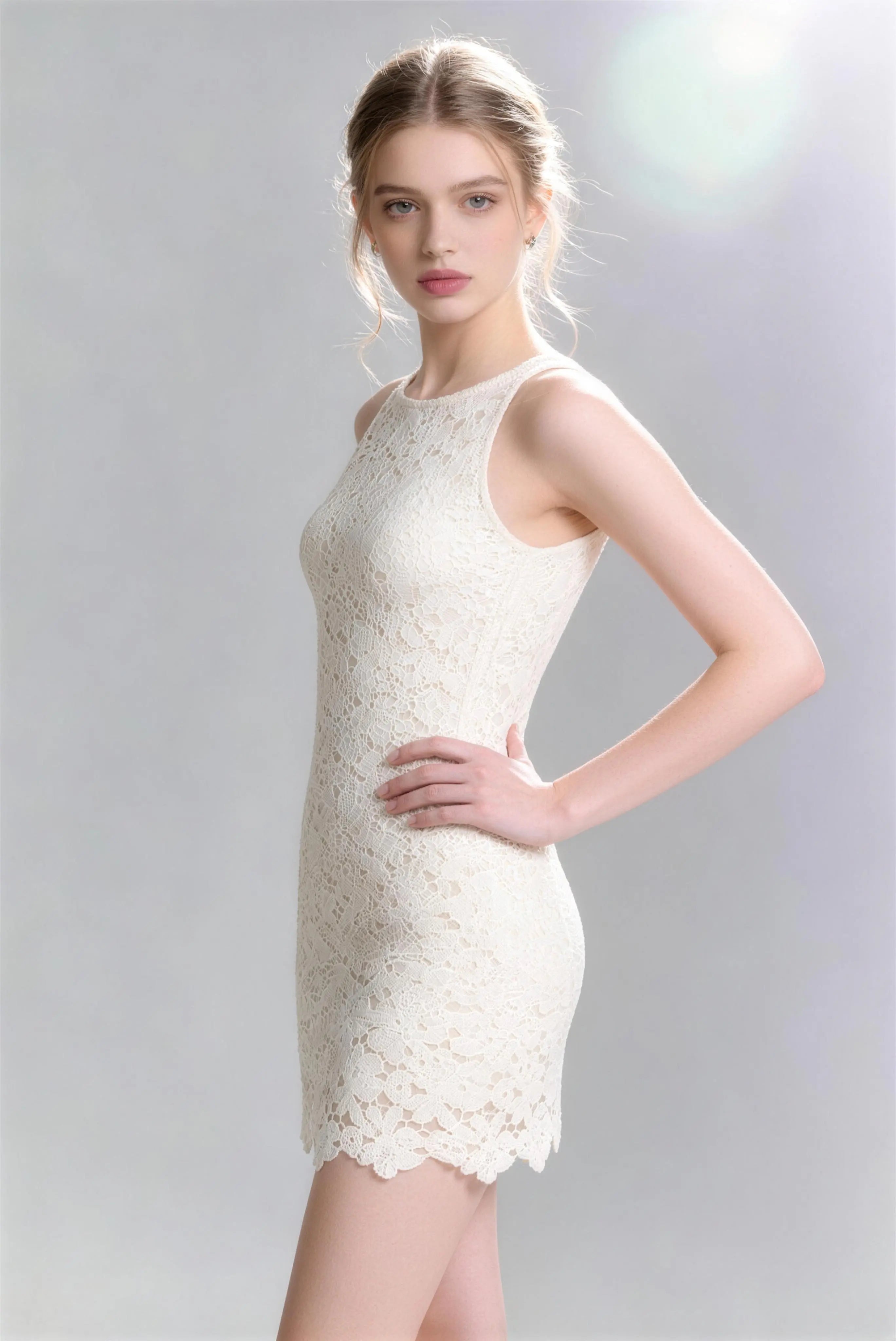 Phoehua Stunning Sleeveless Lace Bodycon Mini Dress, Side Back View Elegant Casual Dress