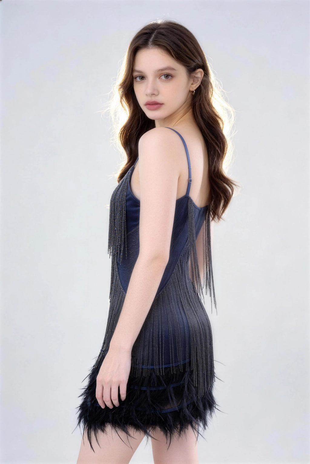 Luxury High Waist Fringe Feather Bodycon Dress, Side Back View Sleeveless Formal Party Dress