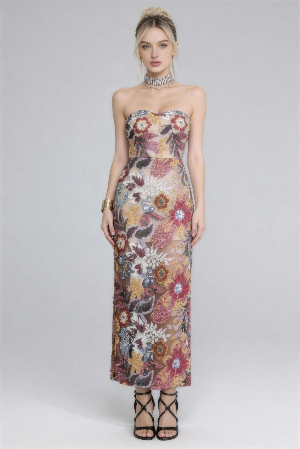 Elegant Strapless Floral Beaded Mesh Maxi Dress, Front View Sleeveless Formal Evening Gown