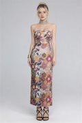 Elegant Strapless Floral Beaded Mesh Maxi Dress, Front View Sleeveless Formal Evening Gown