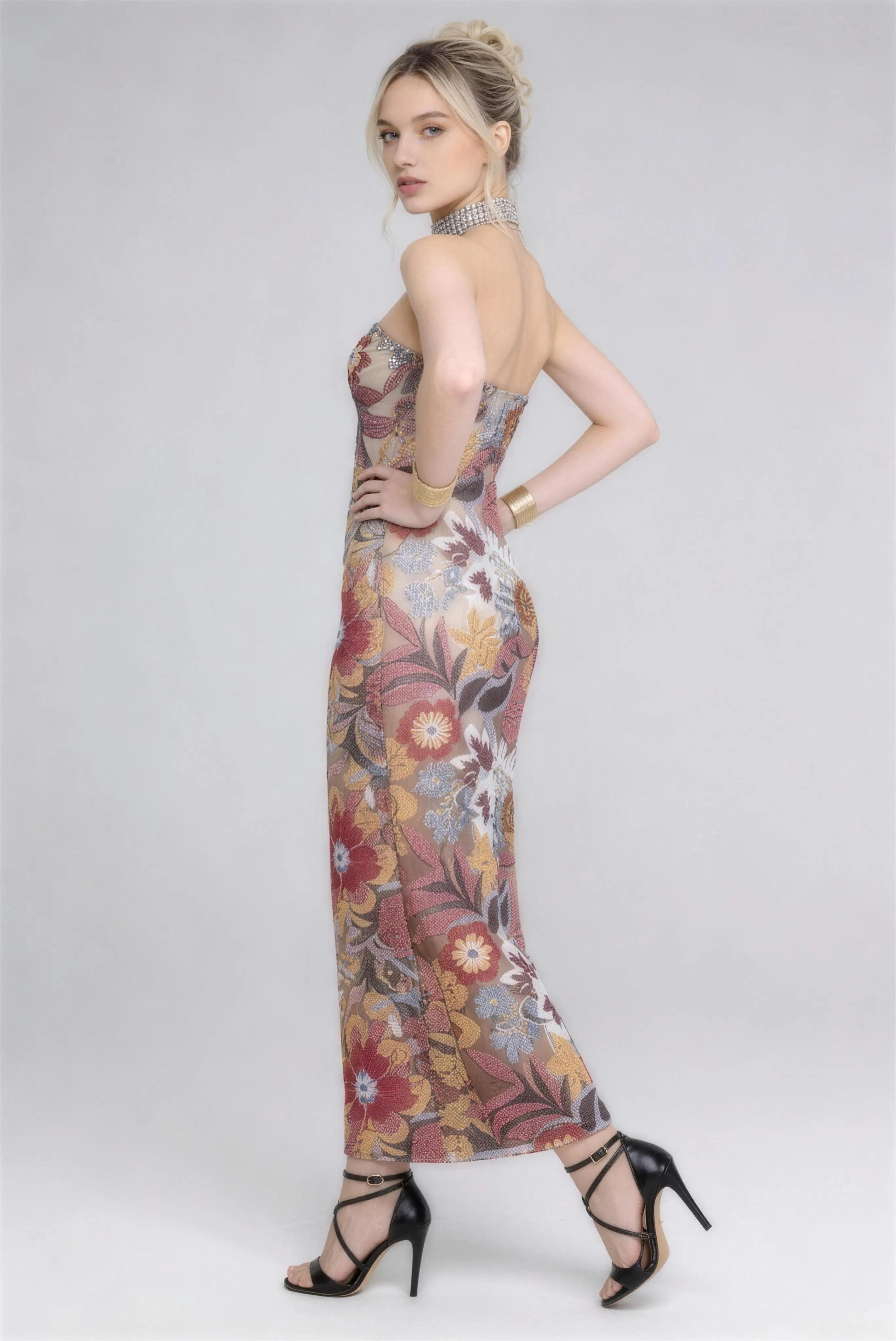 Stunning Backless Floral Beaded Maxi Dress, Side Back View Sleeveless Evening Gown for Galas