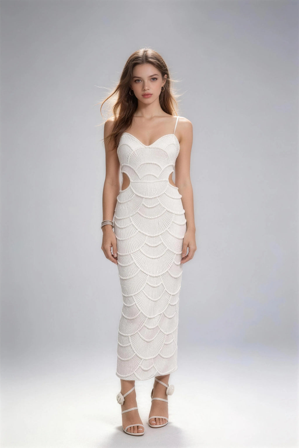 Phoehua Elegant White Scalloped Beaded Bodycon Maxi Dress, Front View Spaghetti Strap Formal Gown