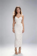 Phoehua Elegant White Scalloped Beaded Bodycon Maxi Dress, Front View Spaghetti Strap Formal Gown