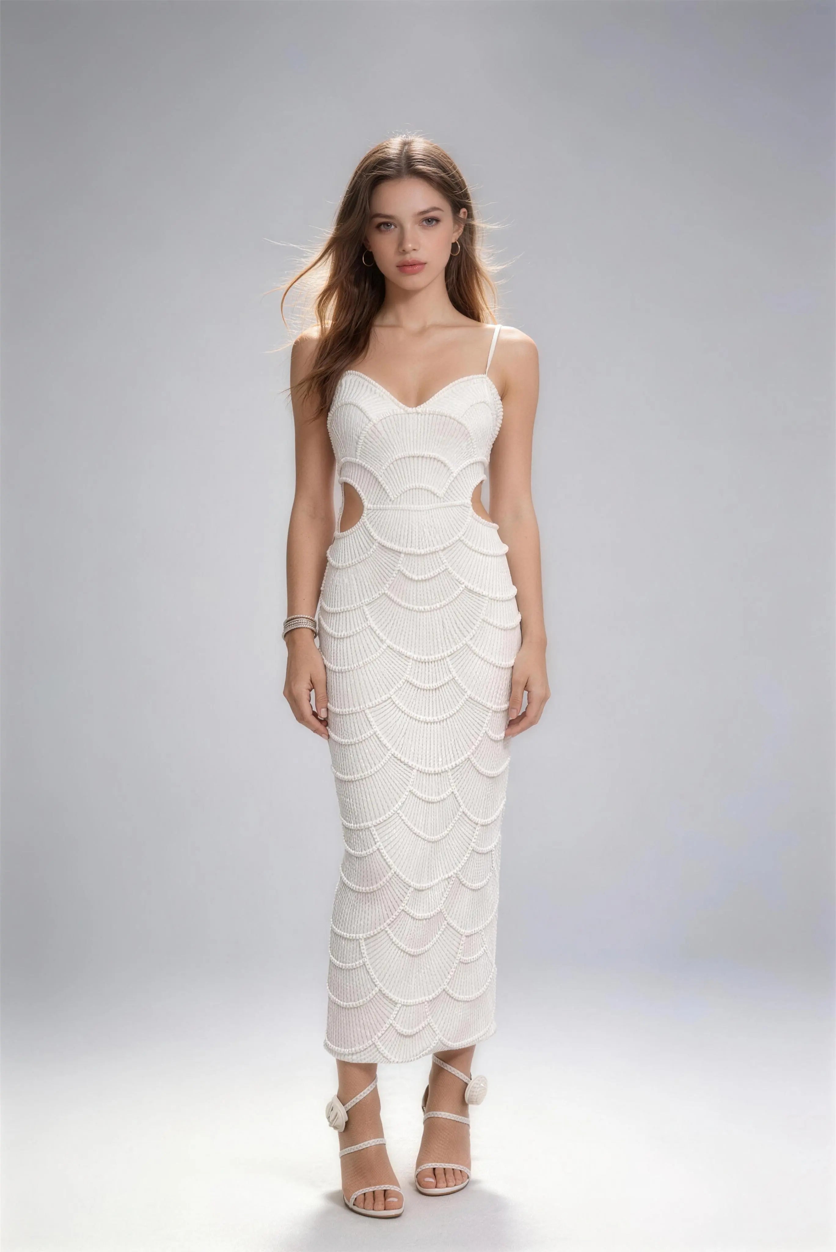 Phoehua Elegant White Scalloped Beaded Bodycon Maxi Dress, Front View Spaghetti Strap Formal Gown