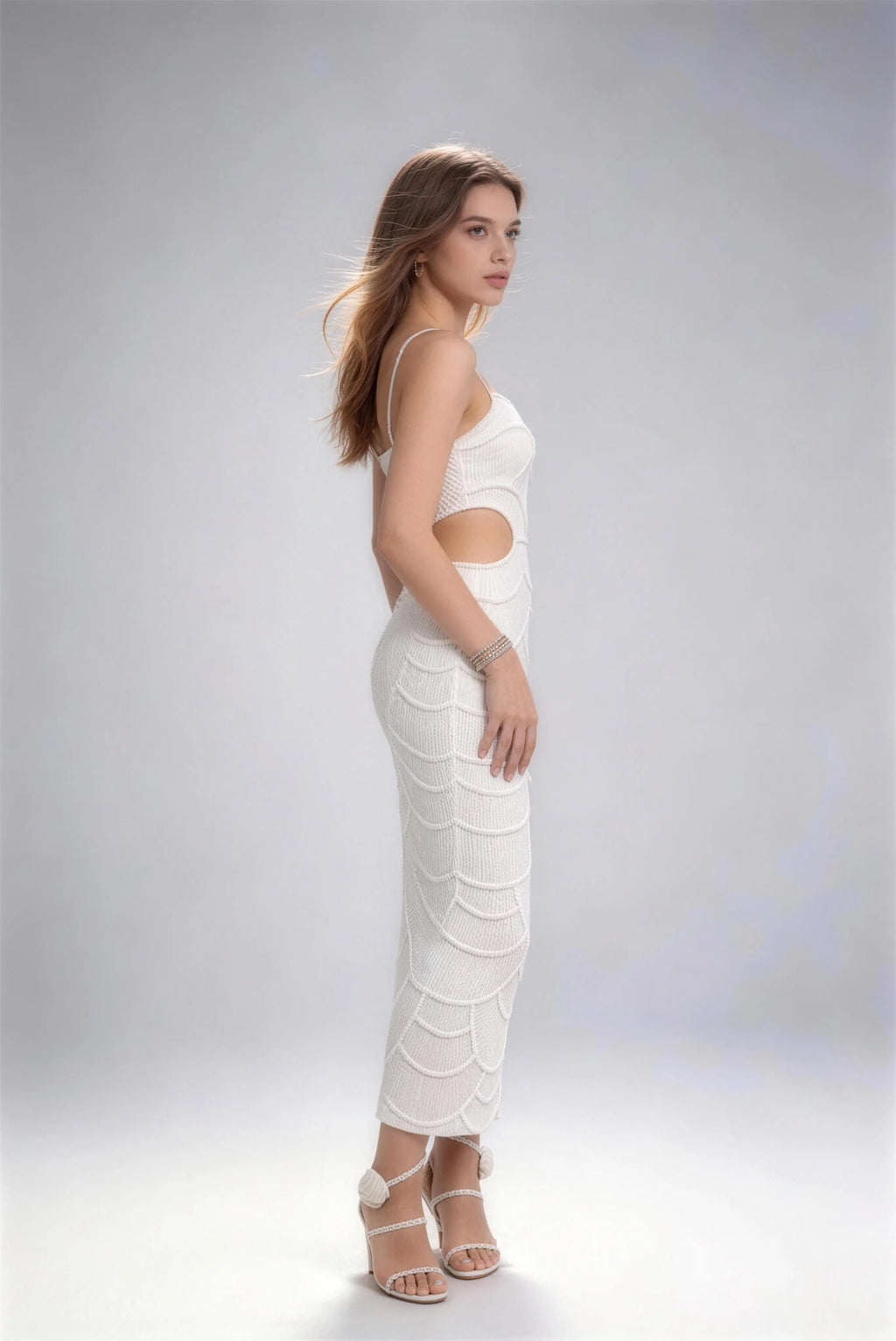 Phoehua Luxury Scalloped Shell Beaded Bodycon Dress, Side View Backless Formal Evening Gown