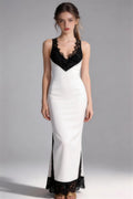 Phoehua Elegant Black Lace Trim White Mermaid Maxi Dress, Front View Sleeveless V-Neck Formal Evening Gown