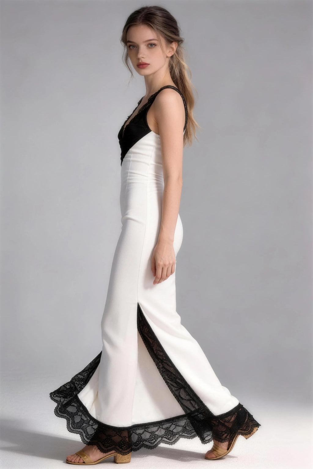 Phoehua Luxury Black And White Mermaid Dress, Side View Lace Trim Formal Cocktail Dress