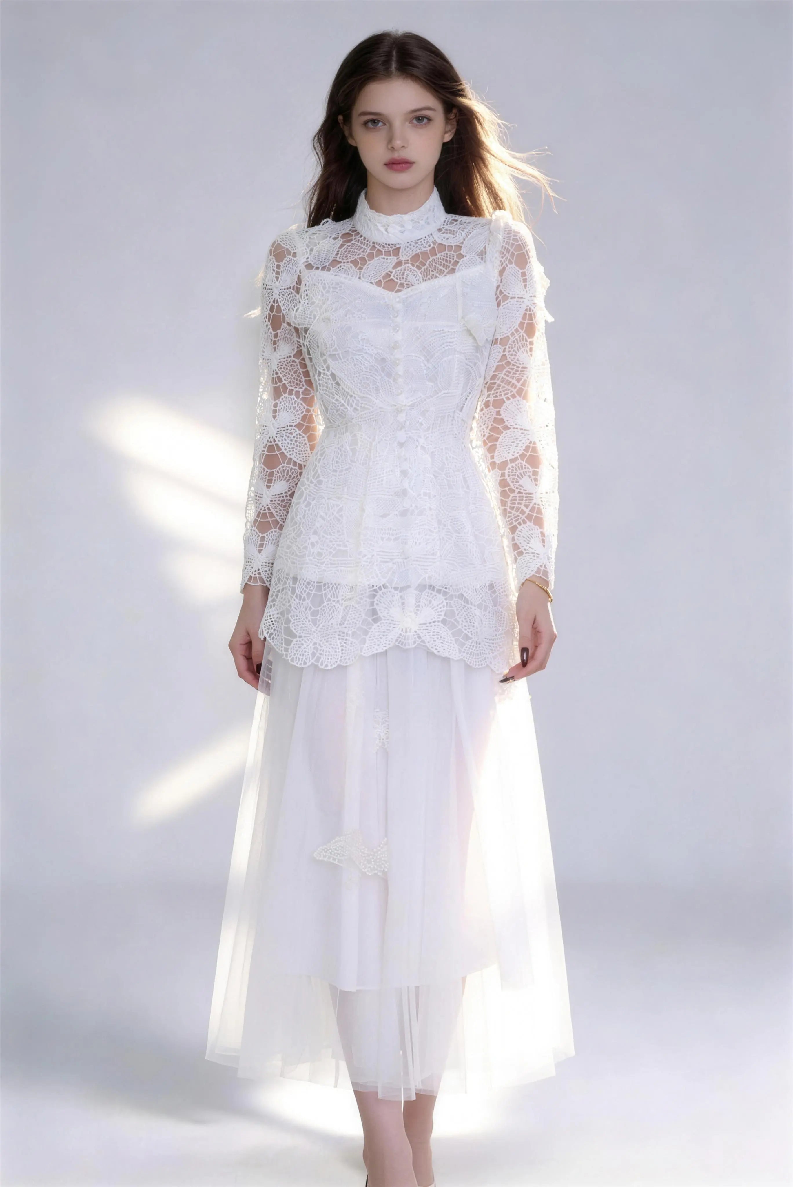 Phoehua Elegant White 2-Piece Lace Embroidered Maxi Dress Set, Front View Long Sleeve Formal Evening Gown