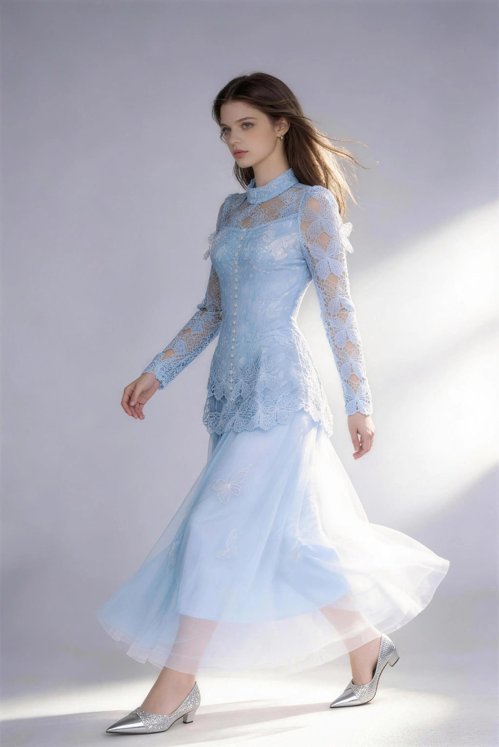 Phoehua Luxury Lace Embroidered 2-Piece Dress Set, Back View Sheer Sleeve Formal Evening Gown