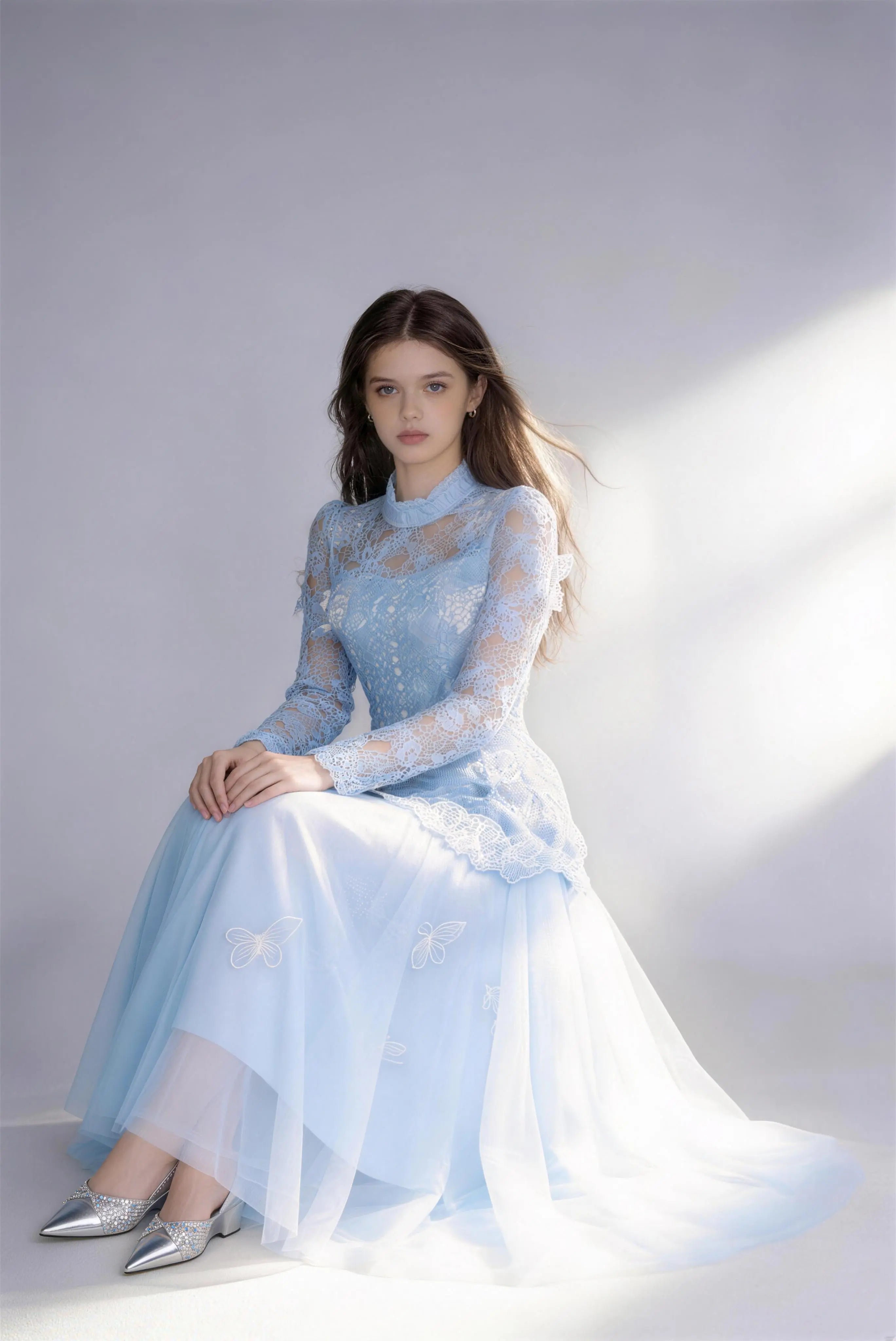 Phoehua Stunning Butterfly Embroidered Tulle Maxi Dress, Sitting Pose 2-Piece Formal Dress for Weddings