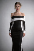 Phoehua Elegant Black And White Off The Shoulder Color Block Bodycon Maxi Dress, Front View Long Sleeve Formal Evening Gown