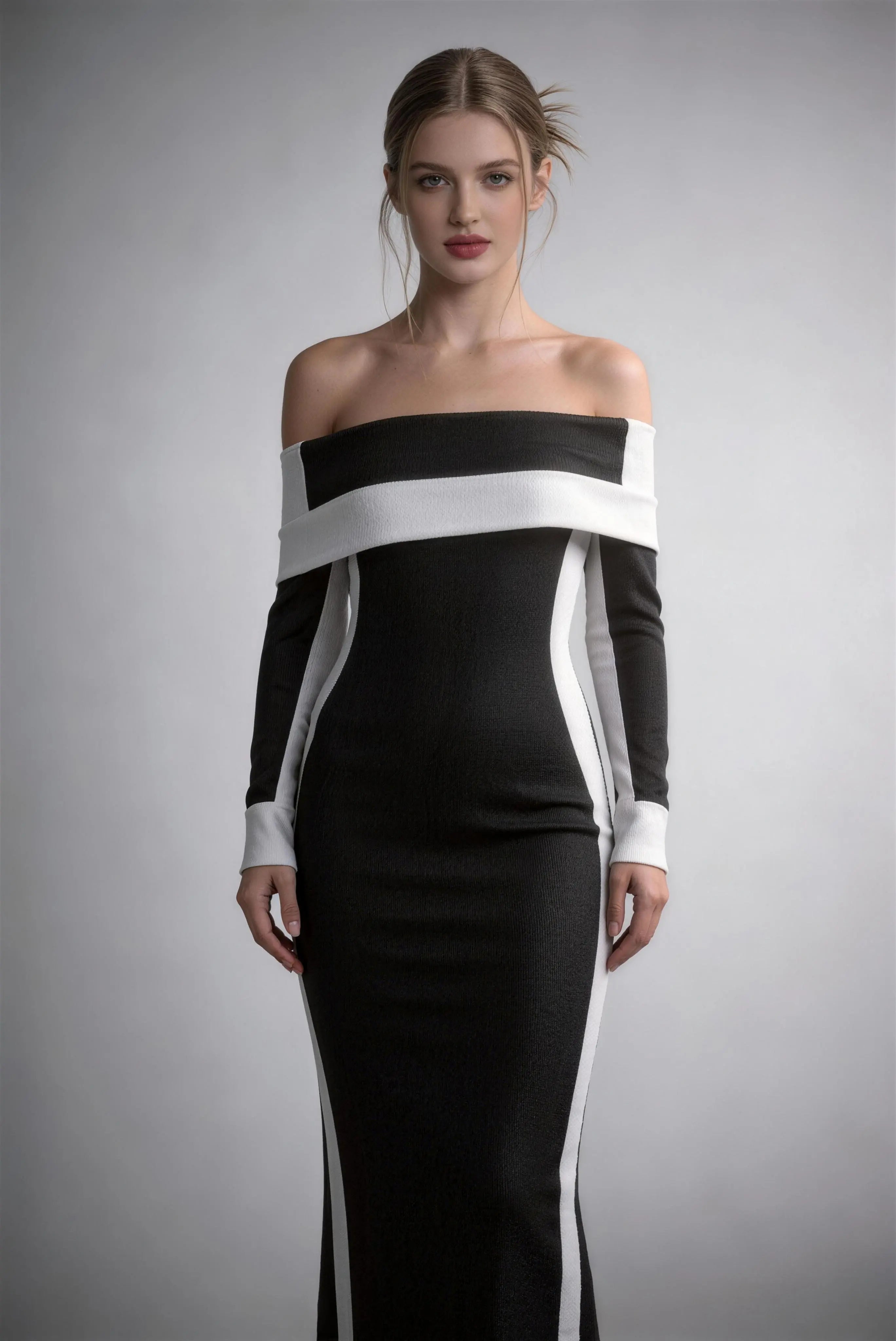 Phoehua Elegant Black And White Off The Shoulder Color Block Bodycon Maxi Dress, Front View Long Sleeve Formal Evening Gown