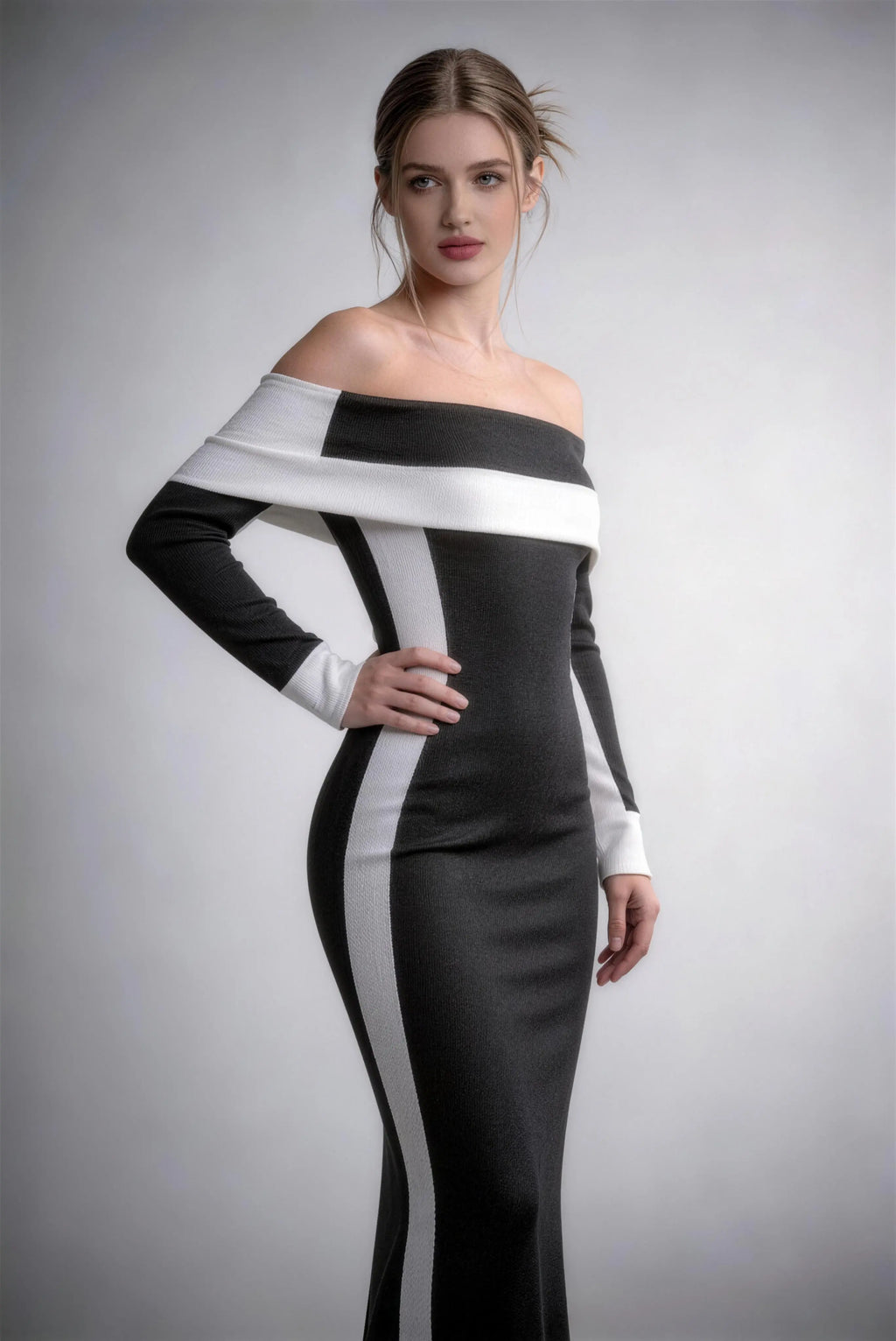 Phoehua Stunning Color Block Off Shoulder Bodycon Dress, Side View Long Sleeve Formal Evening Gown