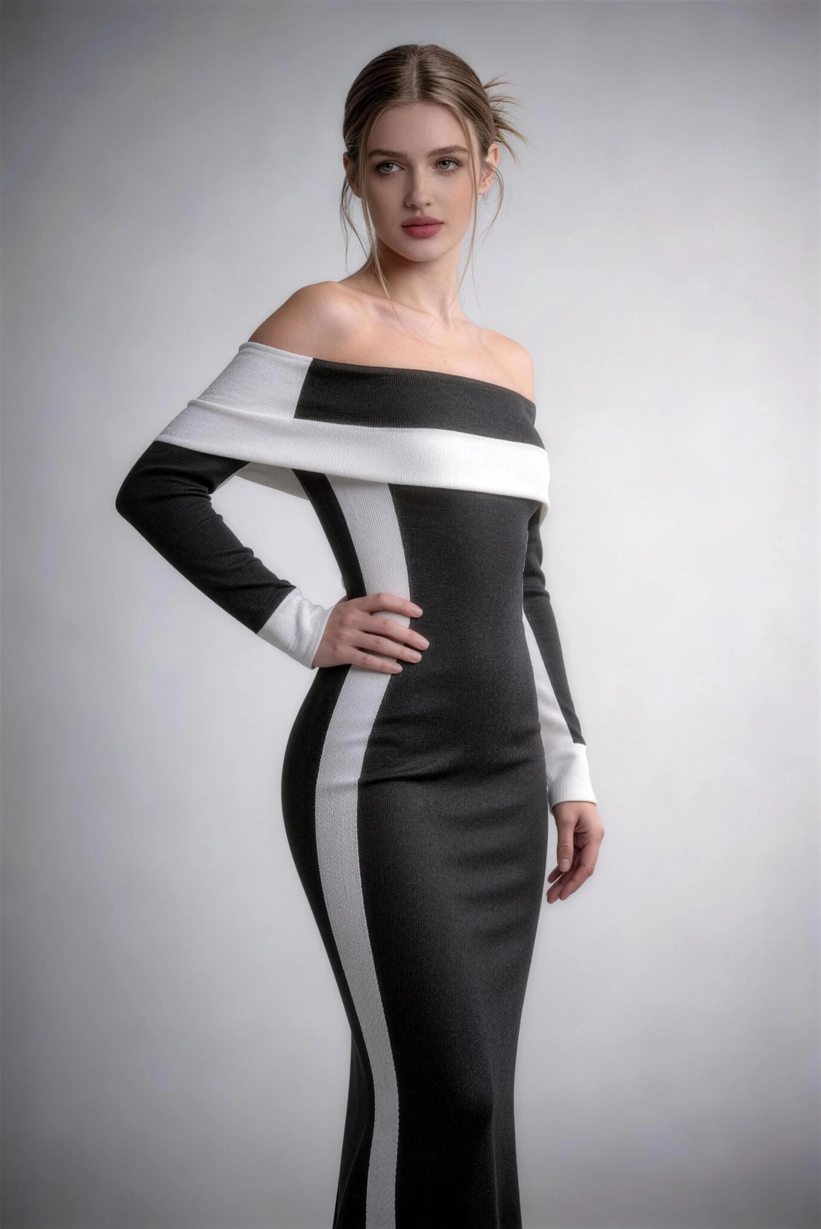 Phoehua Stunning Color Block Off Shoulder Bodycon Dress, Side View Long Sleeve Formal Evening Gown