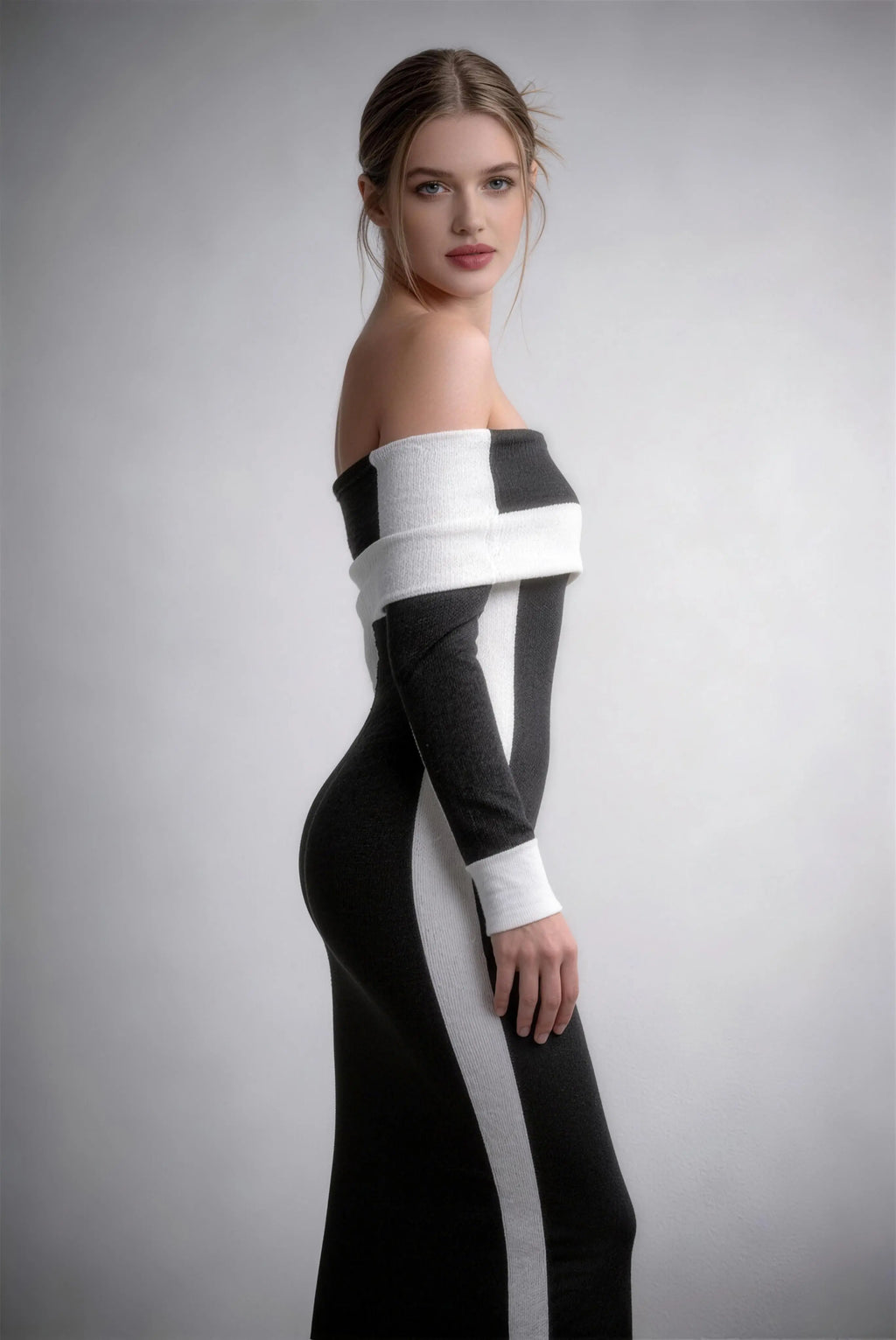 Phoehua Chic Off The Shoulder Knit Maxi Dress, Back View Black And White Formal Dress for Weddings