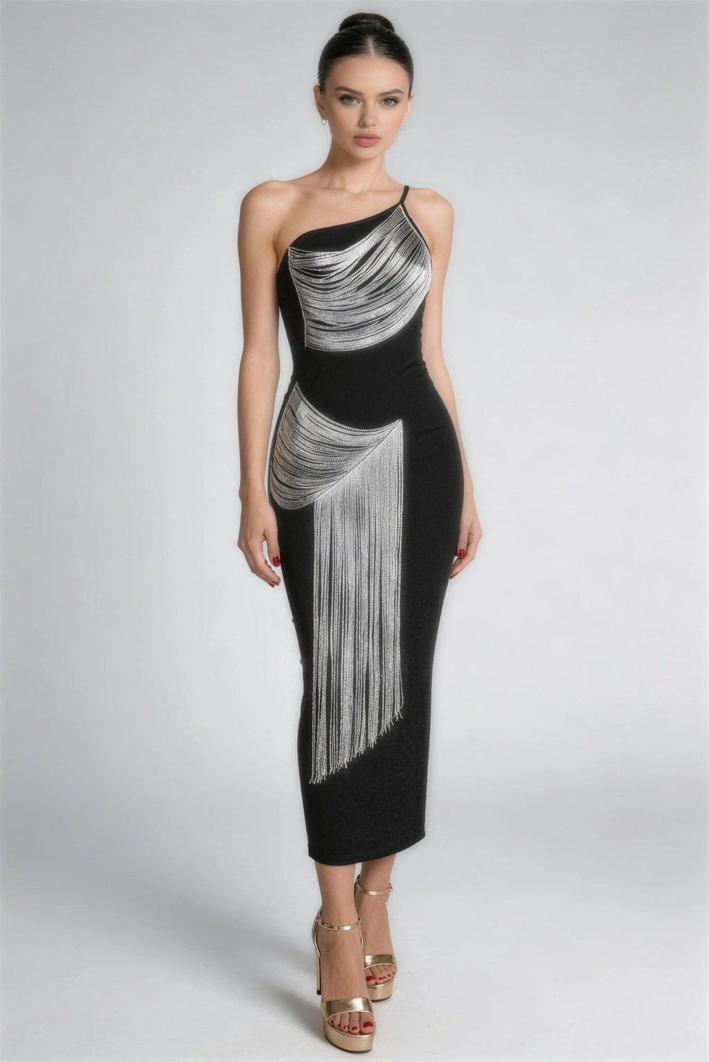 Phoehua Elegant Black One Shoulder Silver Fringe Bodycon Midi Dress, Front View Sleeveless Formal Cocktail Gown