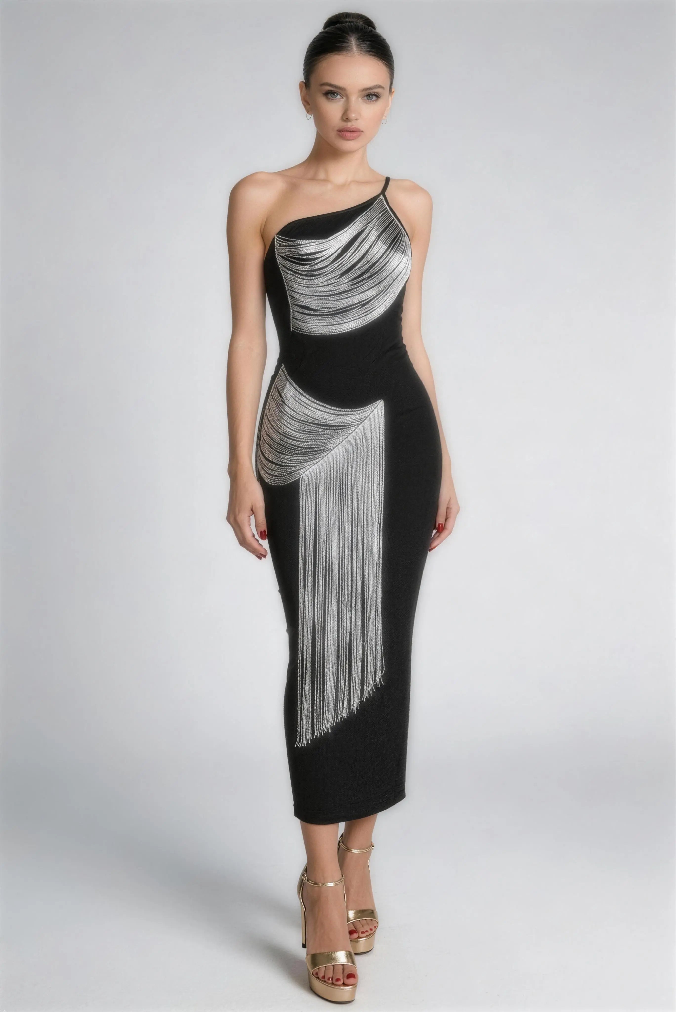 Phoehua Elegant Black One Shoulder Silver Fringe Bodycon Midi Dress, Front View Sleeveless Formal Cocktail Gown