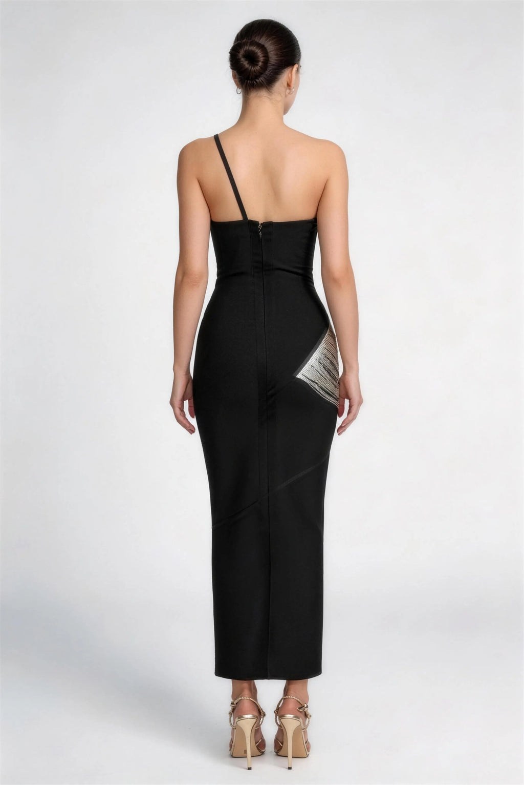 Phoehua Luxury One Shoulder Fringe Bodycon Dress, Back View Backless Formal Evening Gown