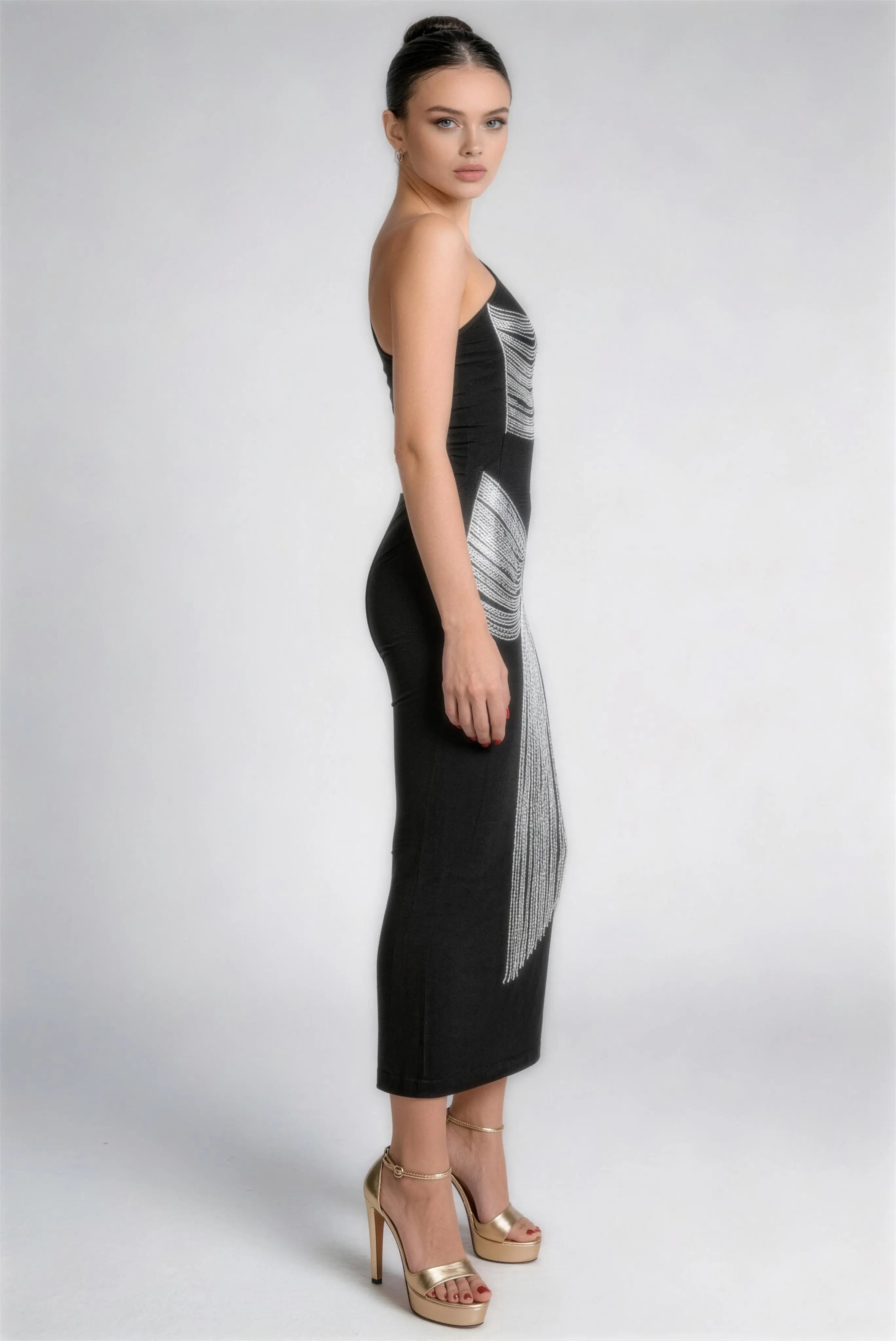 Phoehua Chic One Shoulder Fringe Bodycon Midi Dress, Side Angle View Sleeveless Formal Cocktail Dress