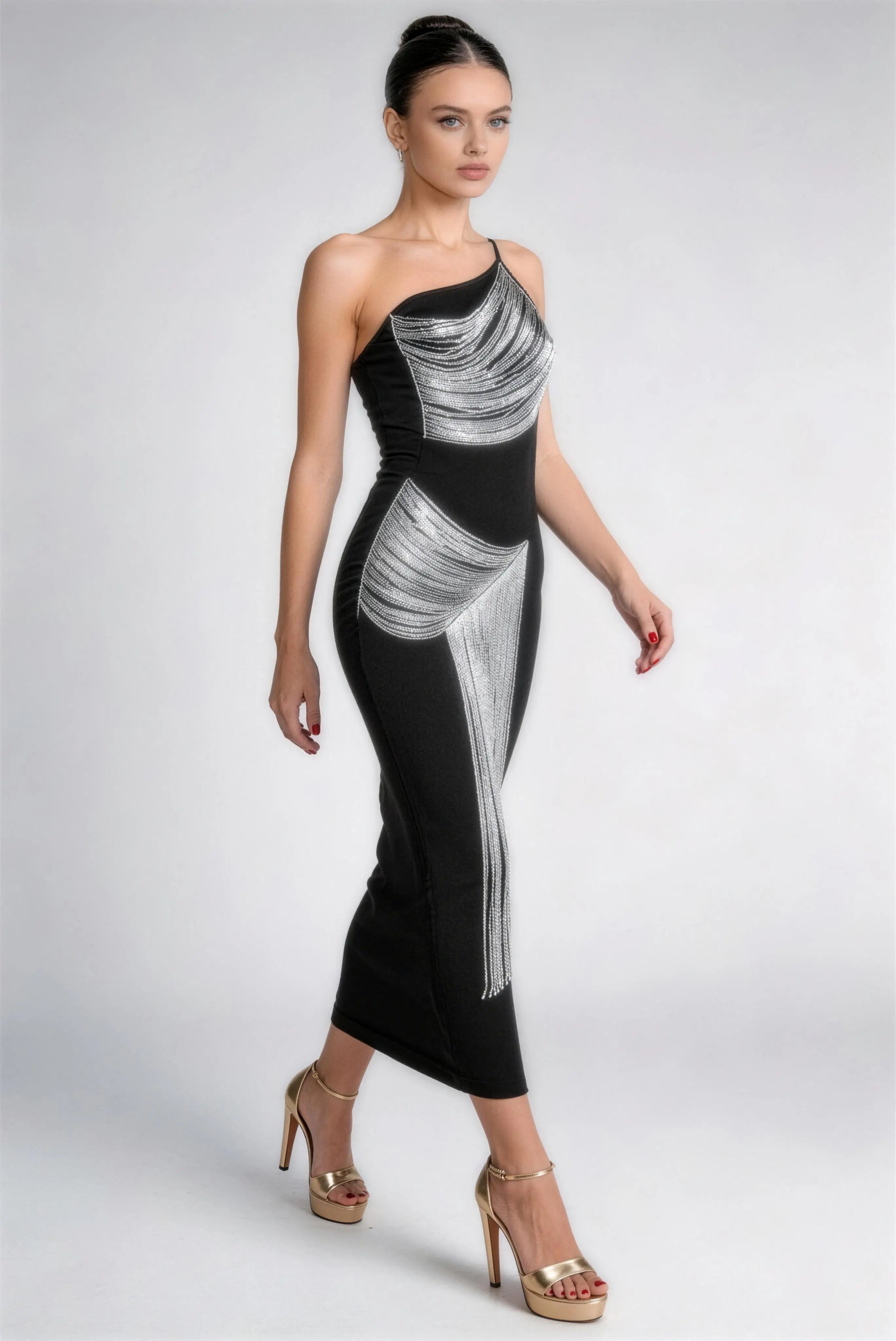 Phoehua Elegant Asymmetrical Silver Fringe One Shoulder Dress, Walking Pose Black Formal Evening Gown