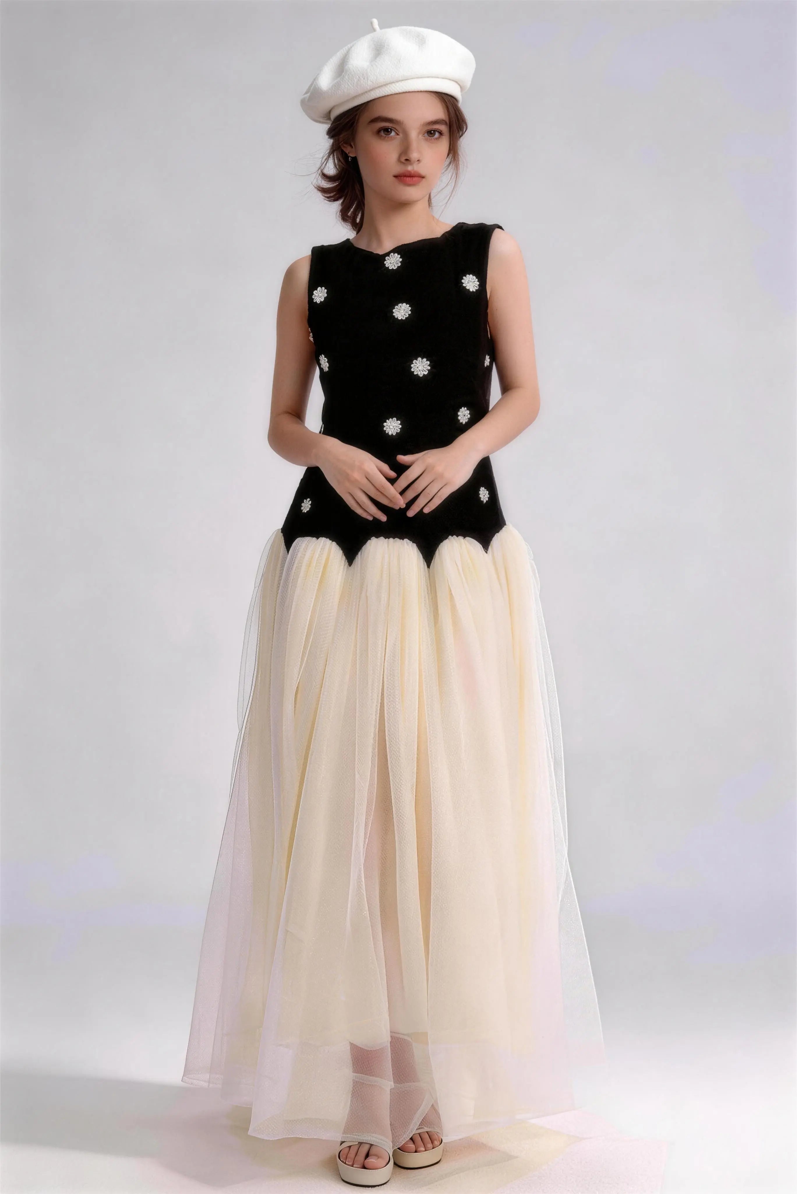 Phoehua Elegant French Style Sleeveless Floral Beaded Tulle Maxi Dress, Front View High Waist Flowy Formal Gown